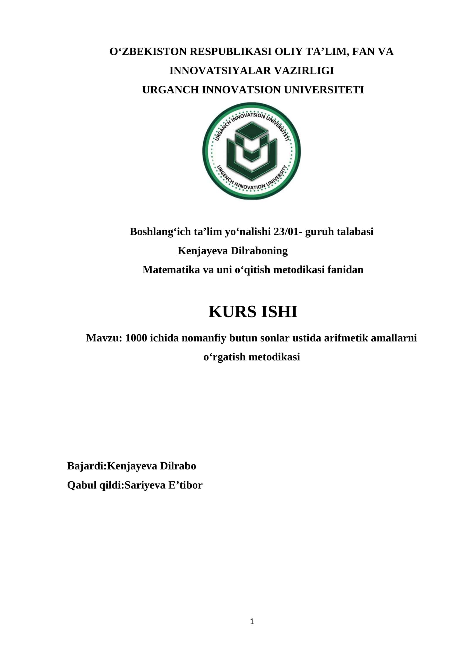 1000 ichida nomanfiy butun sonlar ustida arifmetik amallarni o‘rgatish metodikasi 1