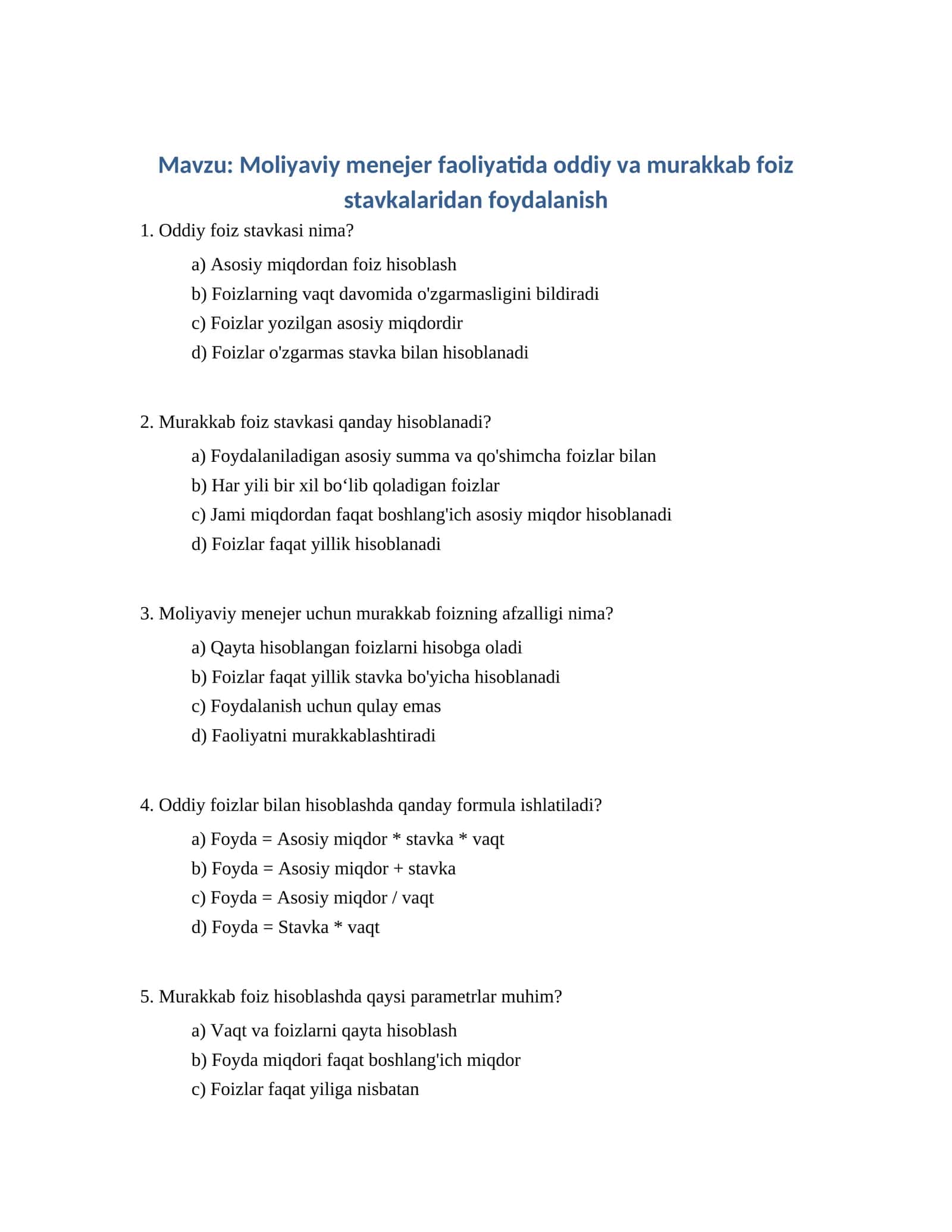 Moliyaviy menejer faoliyatida oddiy va murakkab foiz stavkalaridan foydalanish 1
