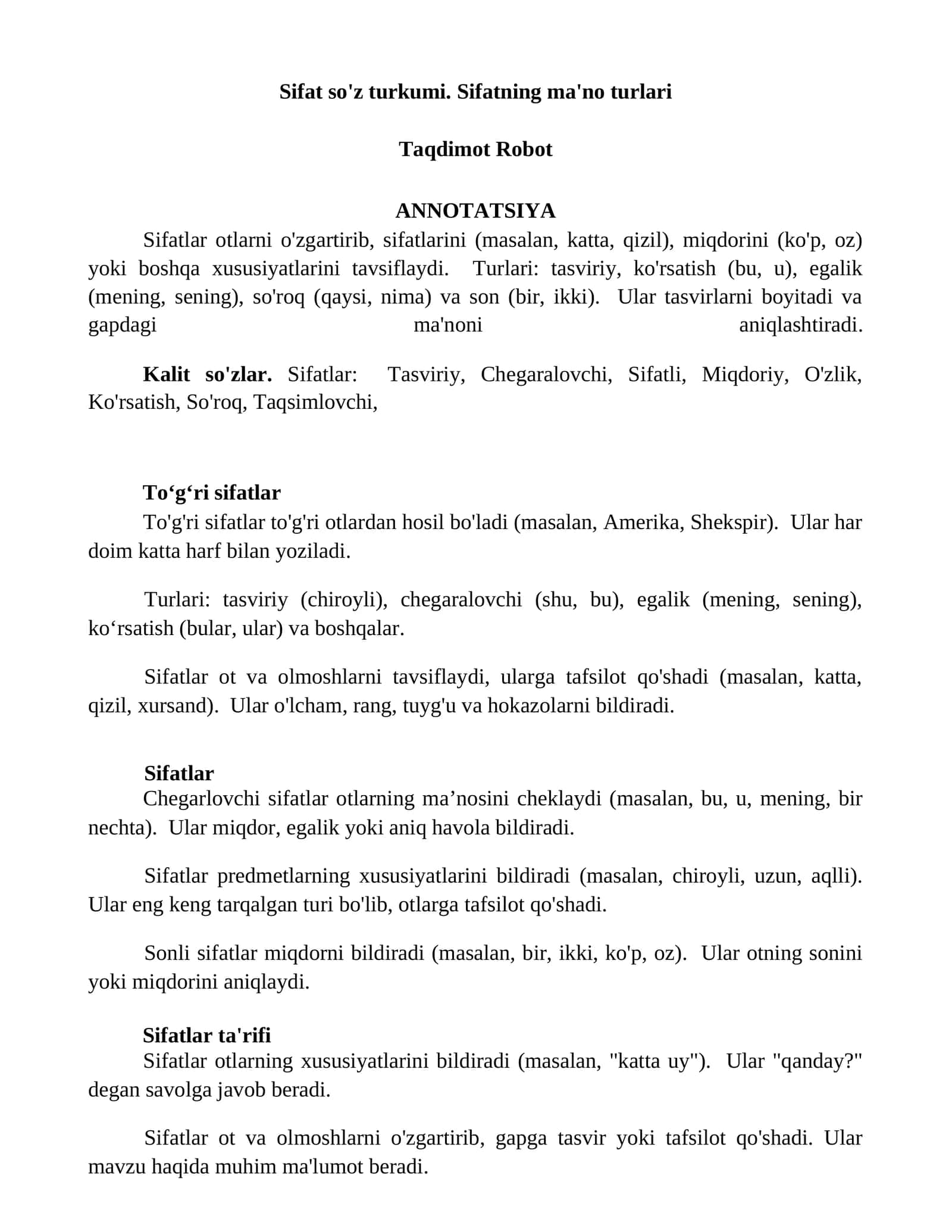 Sifat so'z turkumi. Sifatning ma'no turlari 1