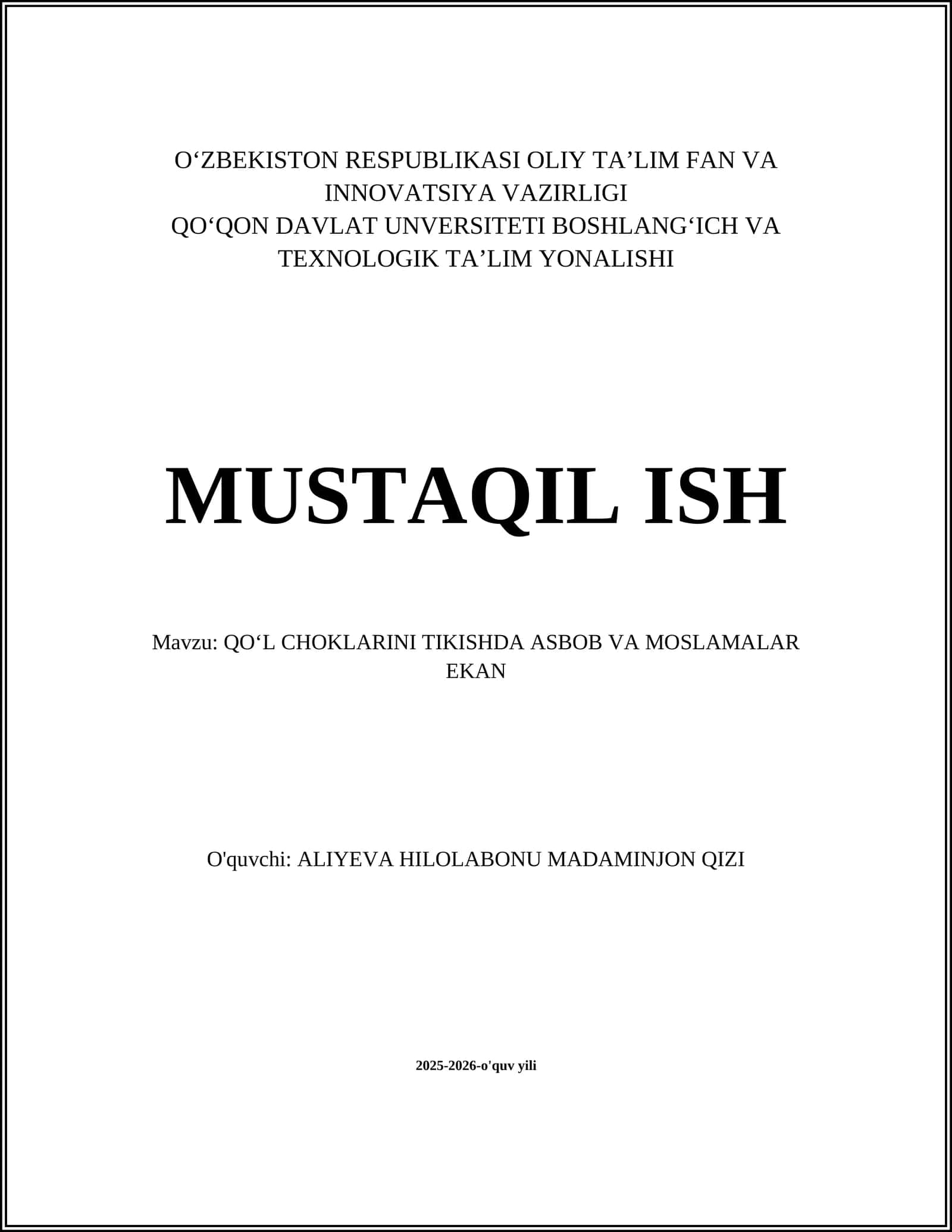 QO‘L CHOKLARINI TIKISHDA ASBOB VA MOSLAMALAR EKAN 1