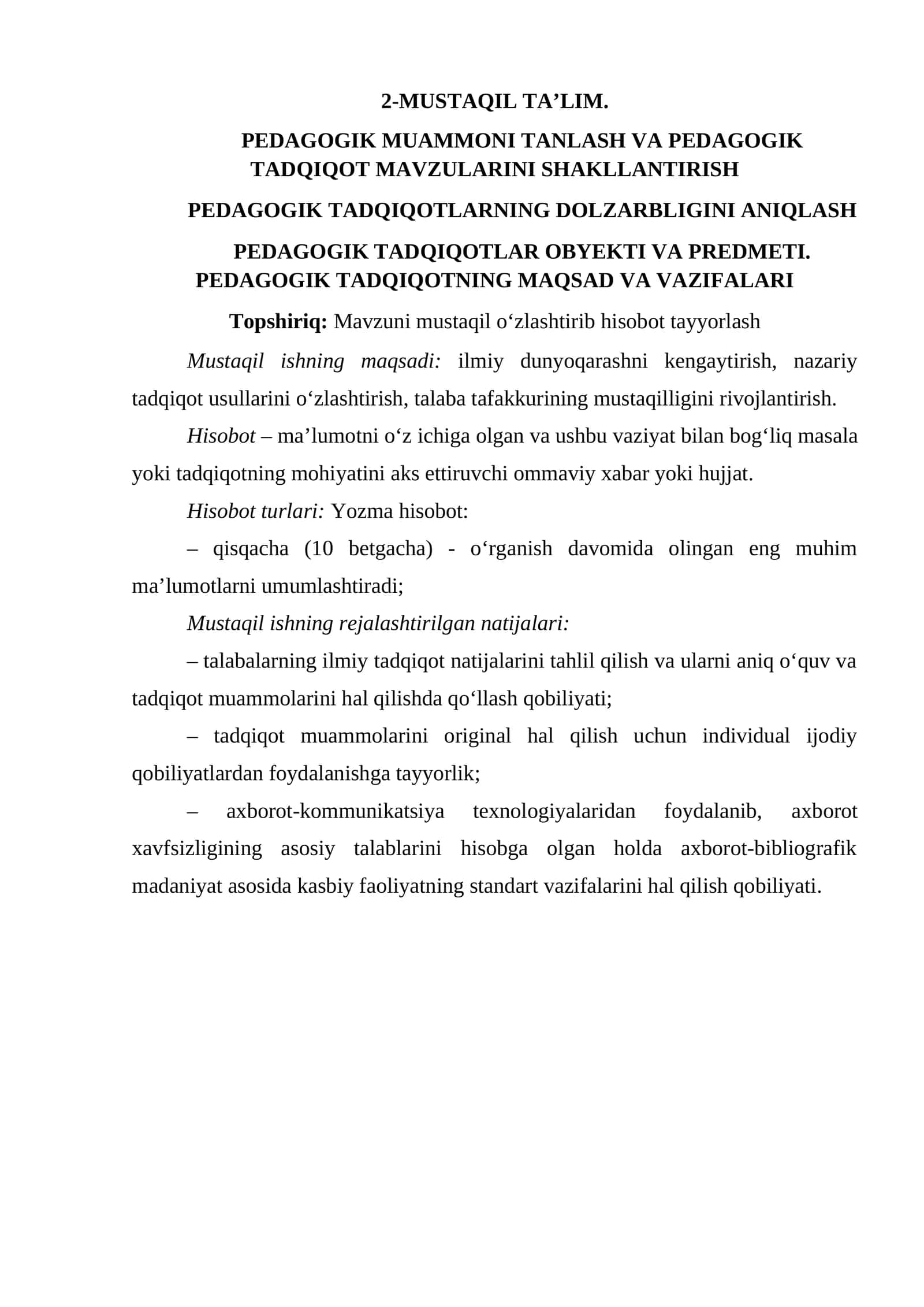 PEDAGOGIK MUAMMONI TANLASH VA PEDAGOGIK TADQIQOT MAVZULARINI SHAKLLANTIRISH 1