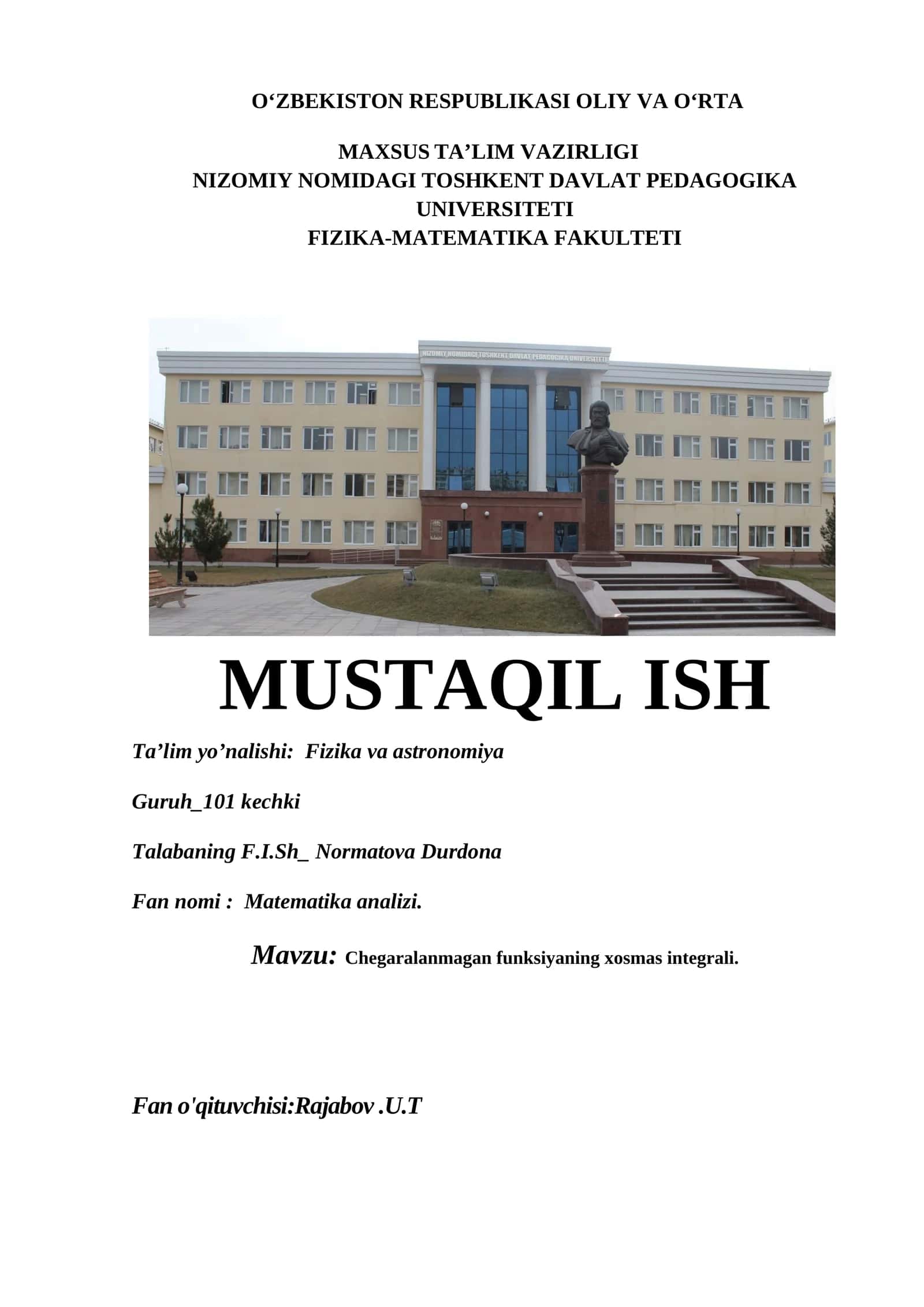 Chegaralanmagan funksiyaning xosmas integrali 1