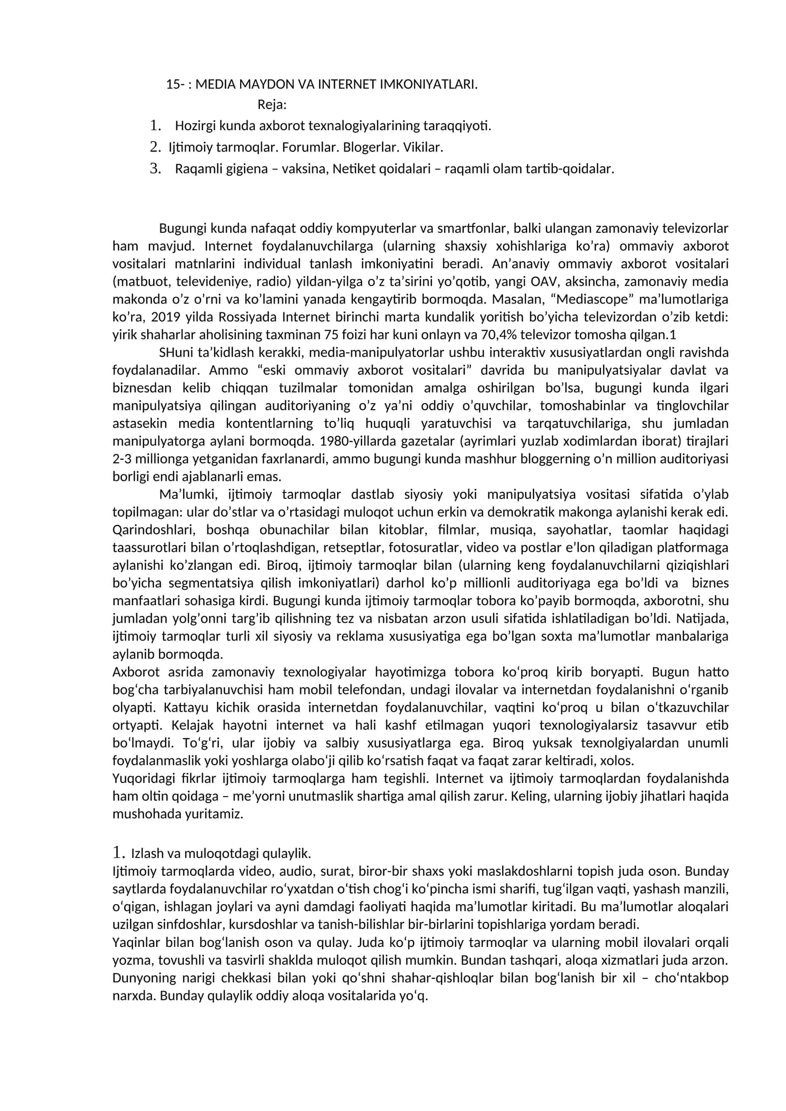 MEDIA MAYDON VA INTERNET IMKONIYATLARI 1