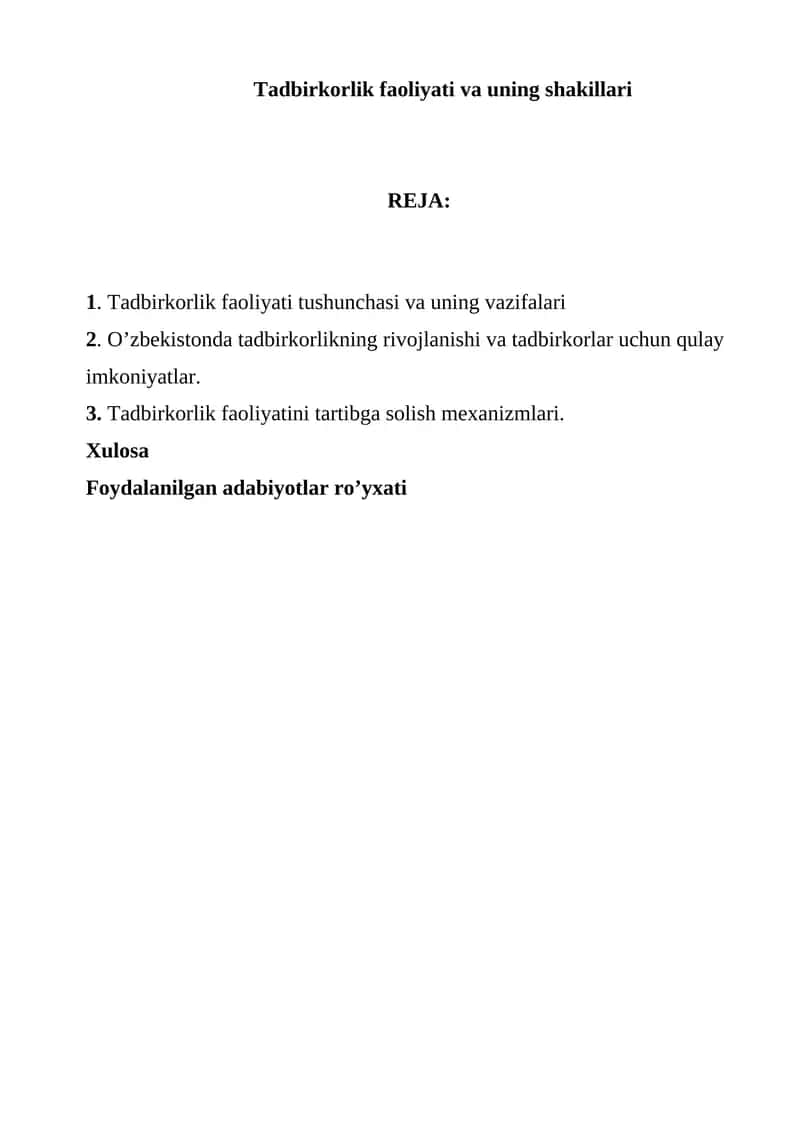 Tadbirkorlik faoliyati va uning shakillari 1