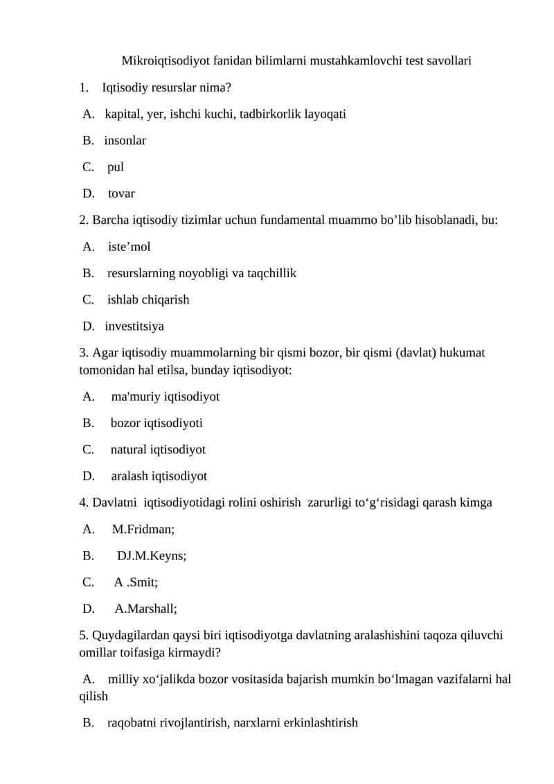Mikroiqtisodiyot fanidan bilimlarni mustahkamlovchi test savollari 1