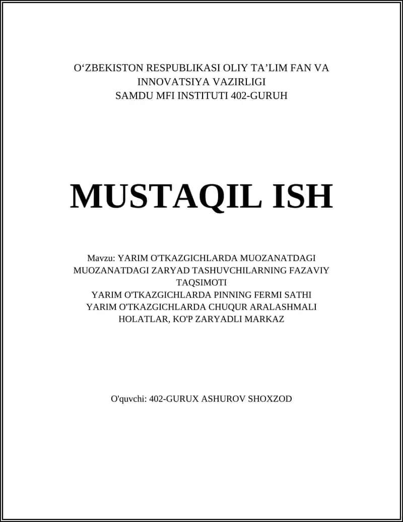 Yarim o'tkazgichlarda muvozanat nazariyasi 1