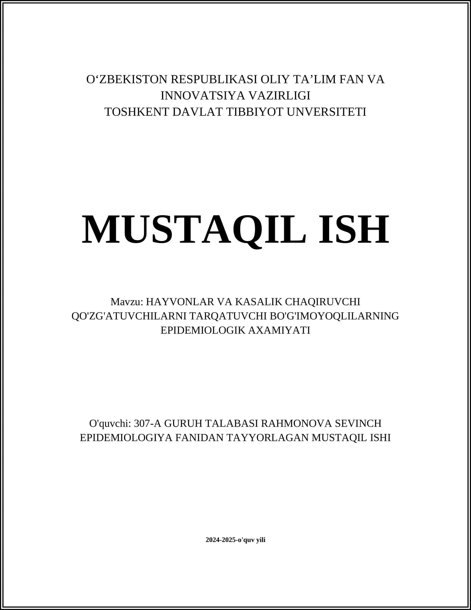 HAYVONLAR VA KASALIK CHAQIRUVCHI QO'ZG'ATUVCHILARNI TARQATUVCHI BO'G'IMOYOQLILARNING EPIDEMIOLOGIK AXAMIYATI 1
