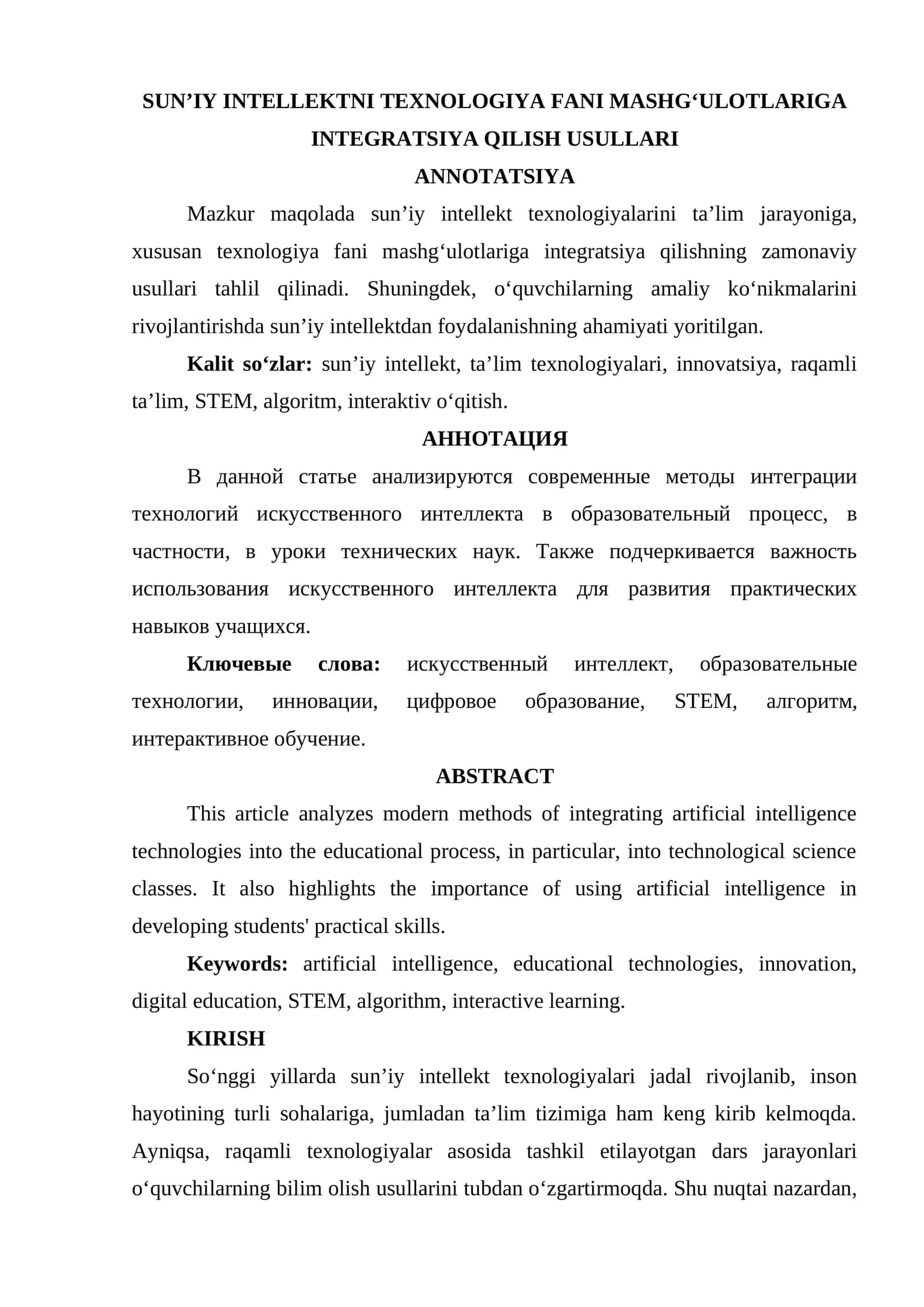 SUN’IY INTELLEKTNI TEXNOLOGIYA FANI MASHG‘ULOTLARIGA INTEGRATSIYA QILISH USULLARI 1