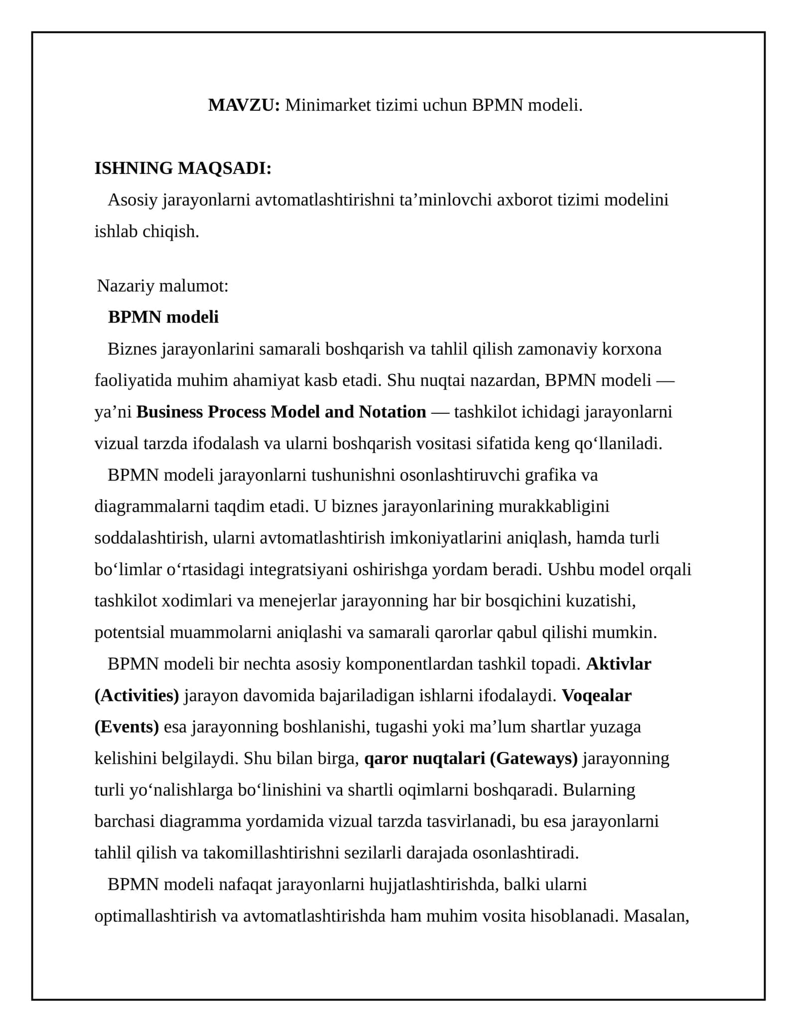 Minimarket tizimi uchun BPMN modeli 1
