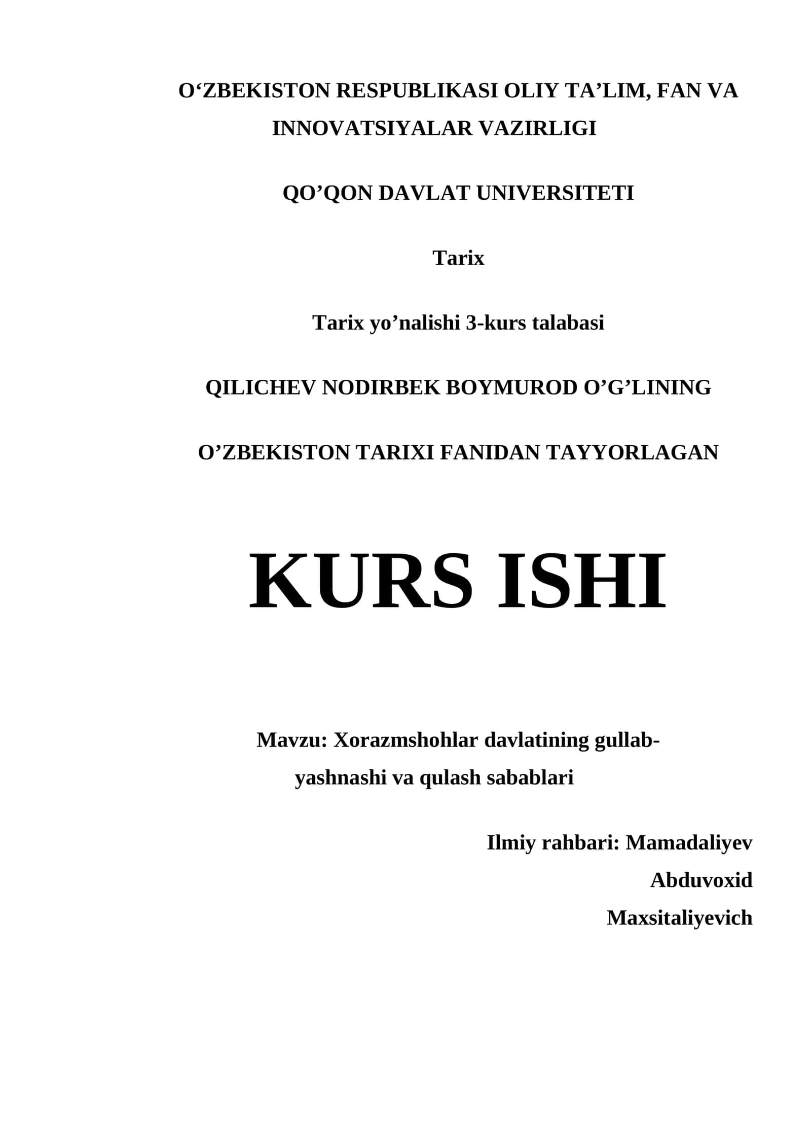 Xorazmshohlar davlatining gullab-yashnashi va qulash sabablari kurs ishi 1