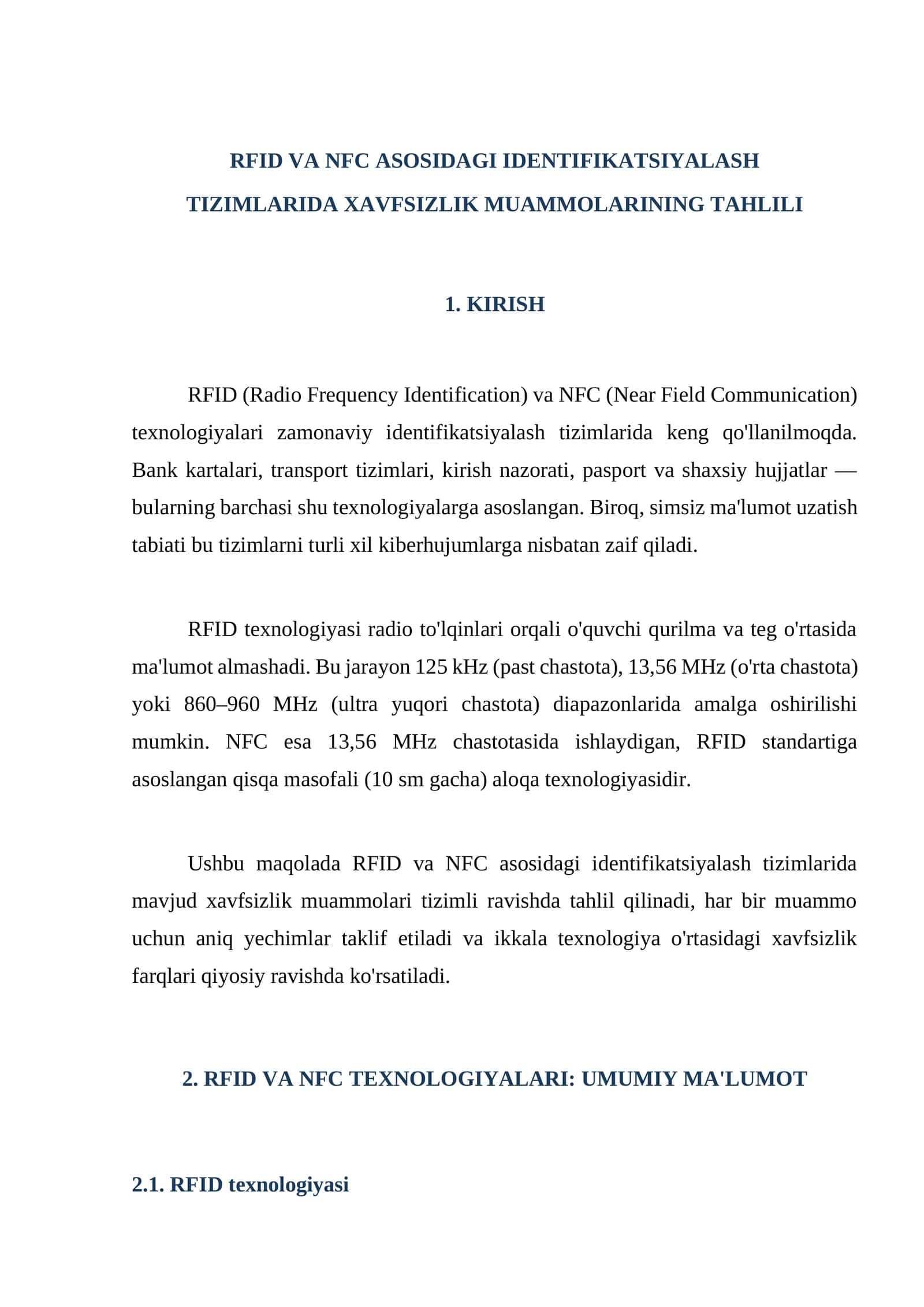 RFID VA NFC ASOSIDAGI IDENTIFIKATSIYALASH TIZIMLARIDA XAVFSIZLIK MUAMMOLARINING TAHLILI 1