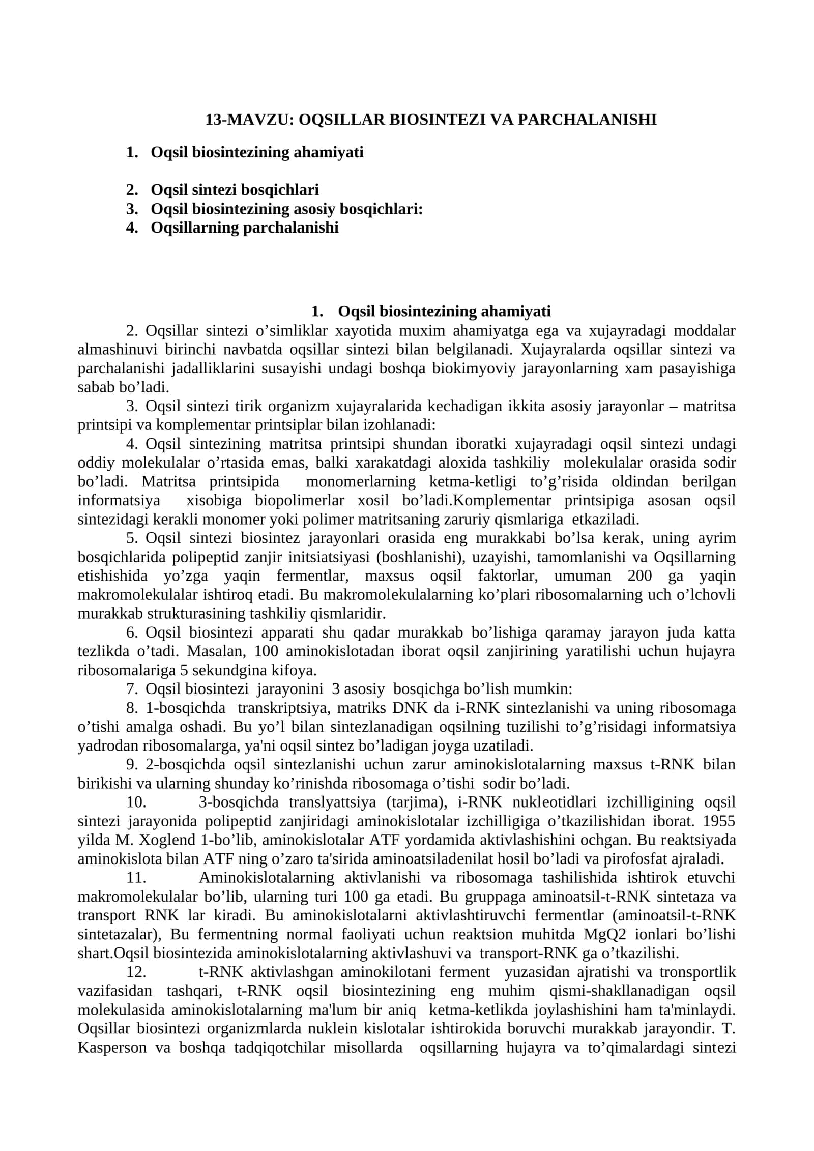 Oqsillar Biosintezi va Parchalanishi 1