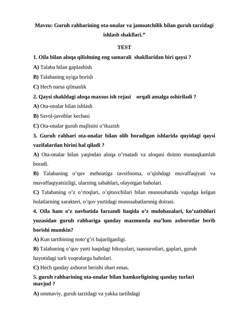 Guruh rahbarining ota-onalar va jamoatchilik bilan guruh tarzidagi ishlash shakllari. 1