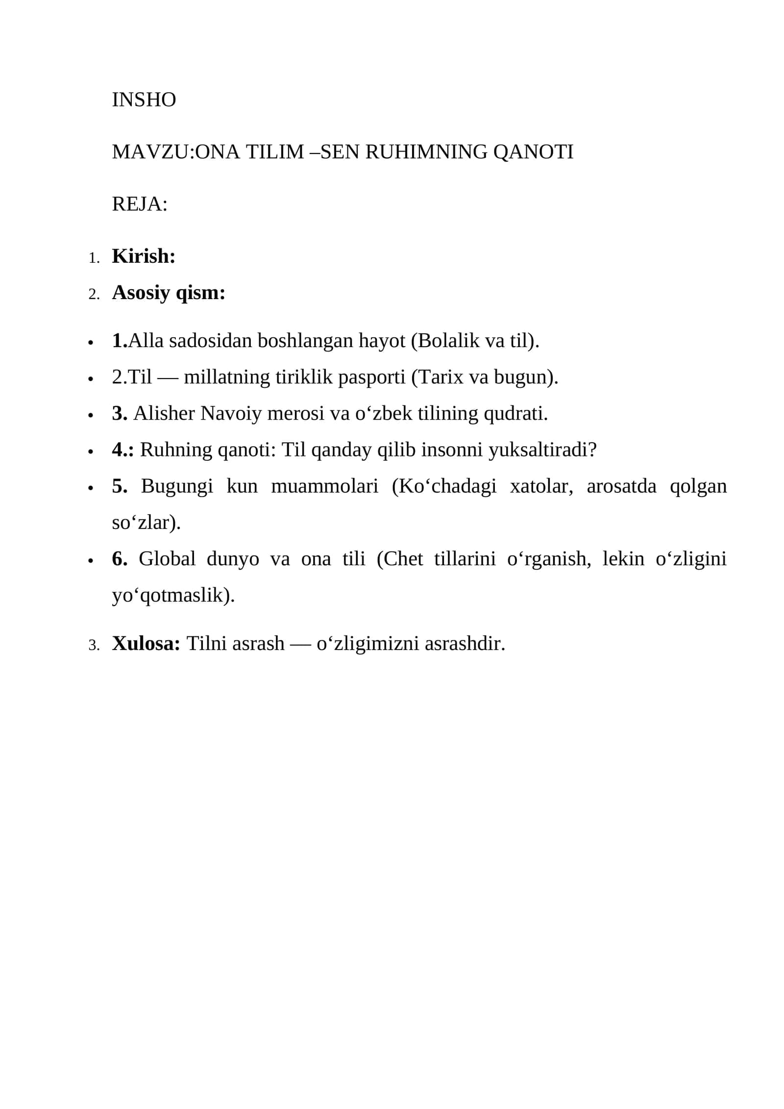 ONA TILIM –SEN RUHIMNING QANOTI INSHO 1