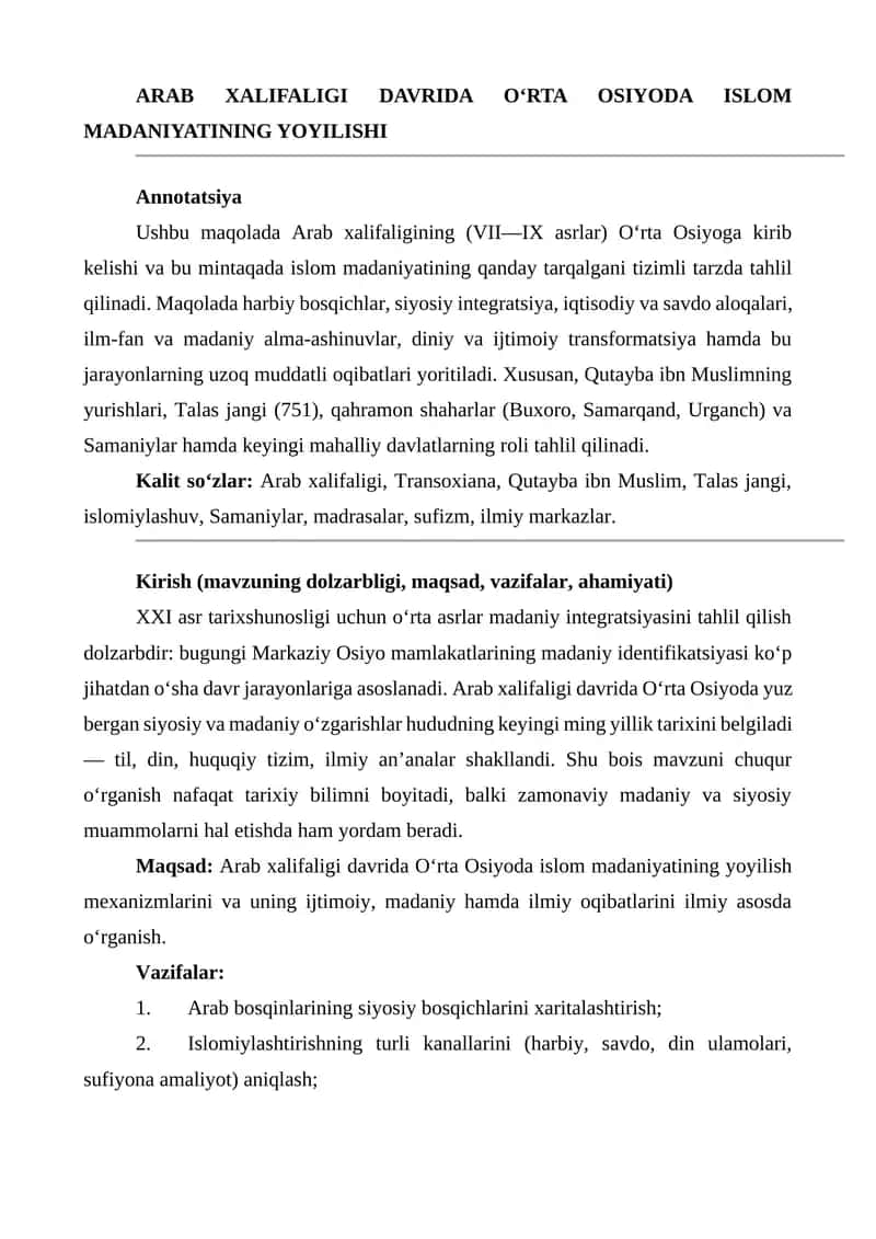 ARAB XALIFALIGI DAVRIDA O‘RTA OSIYODA ISLOM MADANIYATINING YOYILISHI 1