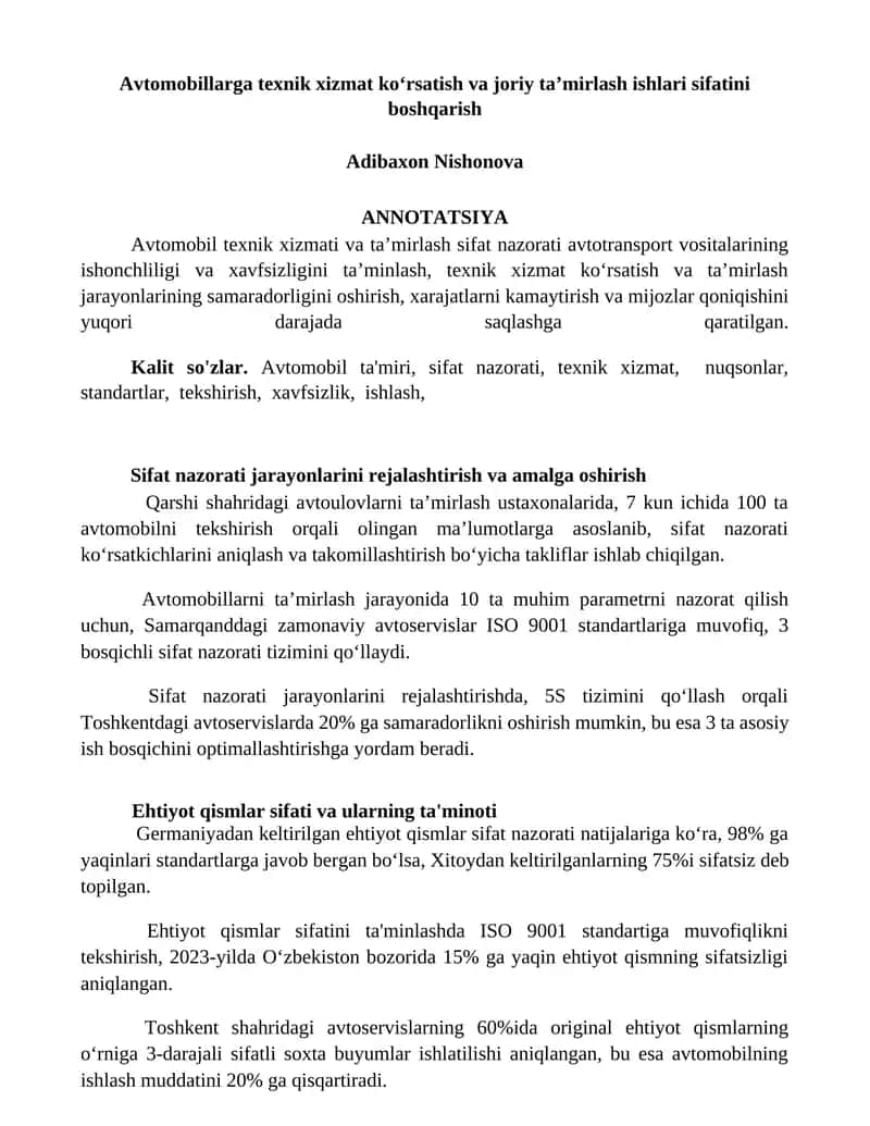 Avtomobil texnik xizmati va taʼmirlash sifat nazorati 1