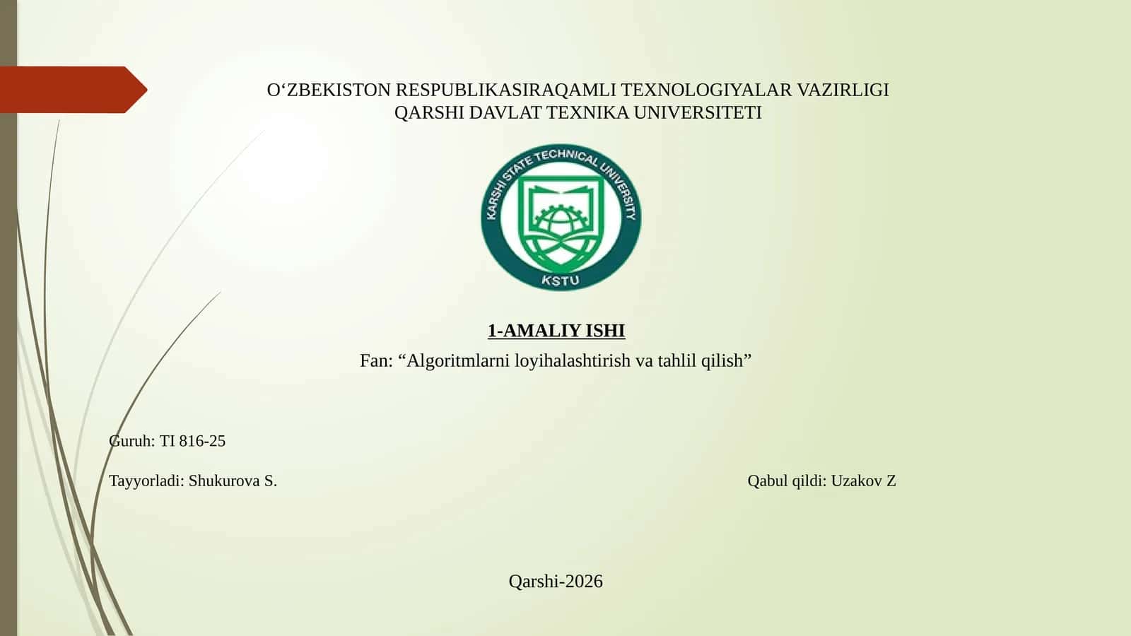 Algoritmlarning matematik asoslari. Algoritmlarni loyihalashda soha muammosining o‘rni. Muammoni masala ko‘rinishida shakllantirish (matematik, mantiqiy model ko‘rinishida ifodalash) va tushunish. 1