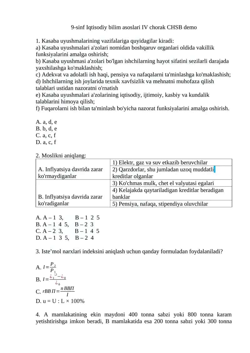 9-sinf Iqtisodiy bilim asoslari IV chorak CHSB demo 1