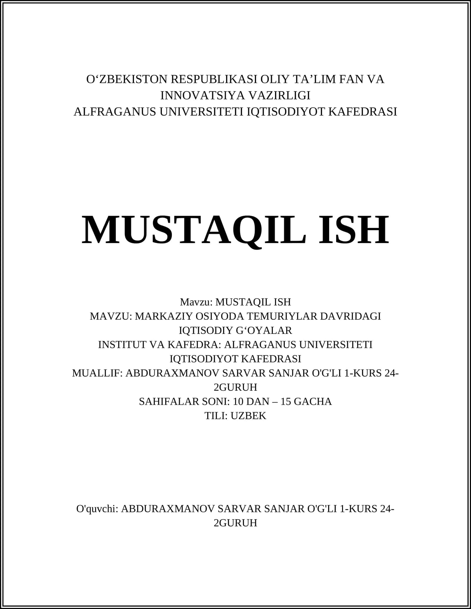 MARKAZIY OSIYODA TEMURIYLAR DAVRIDAGI IQTISODIY GʻOYALAR 1