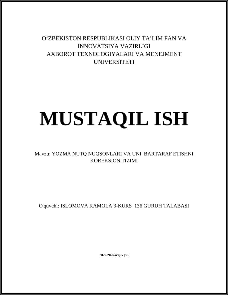 YOZMA NUTQ NUQSONLARI VA UNI BARTARAF ETISHNI KOREKSION TIZIMI 1