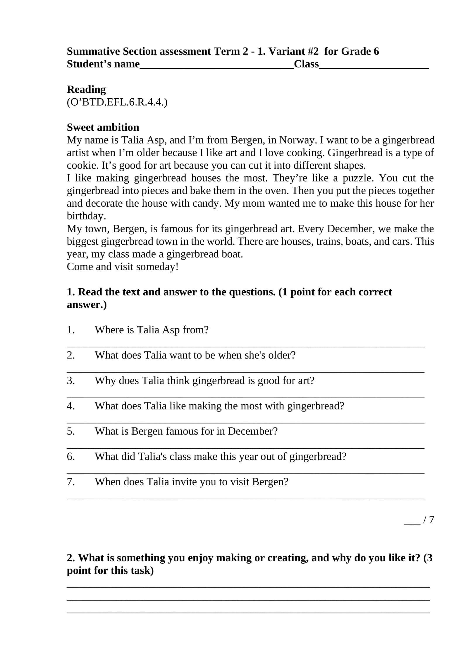 Summative Section assessment Term 2 - 1. Variant #2 for Grade 6 1