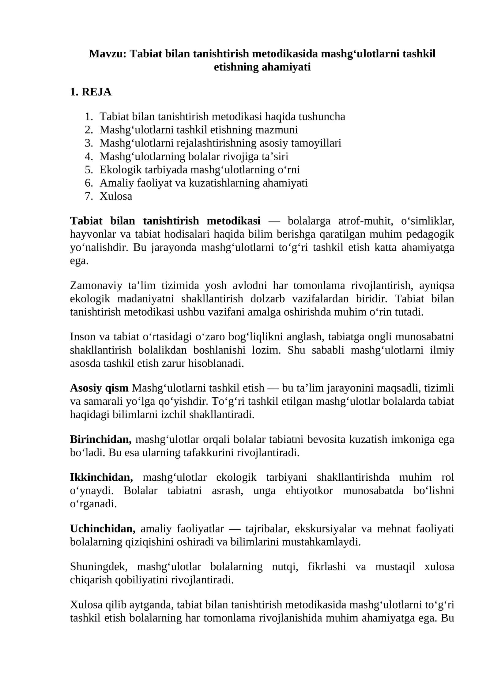 Tabiat bilan tanishtirish metodikasida mashg‘ulotlarni tashkil etishning ahamiyati 1