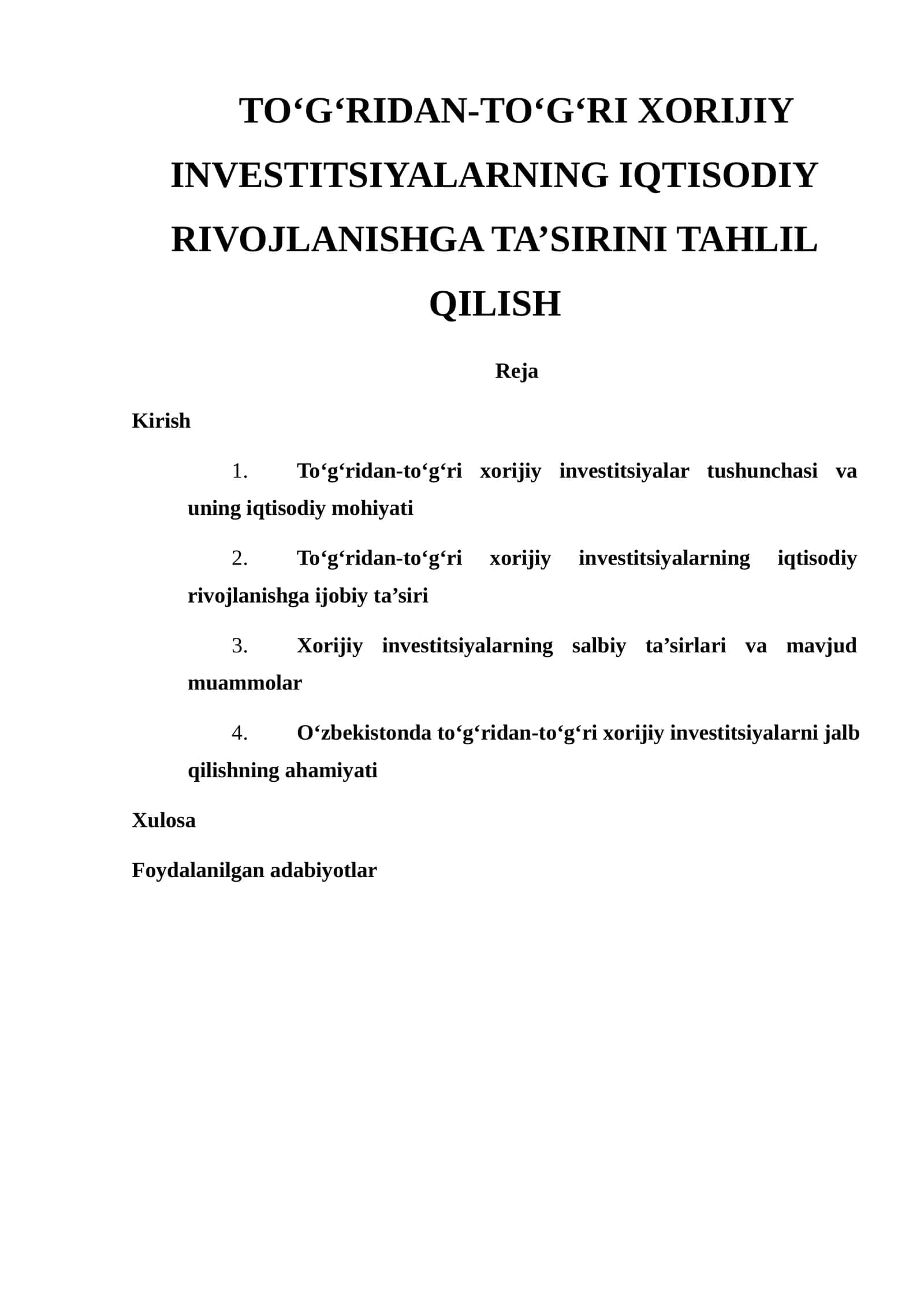 To‘g‘ridan-to‘g‘ri xorijiy investitsiyalarning iqtisodiy rivojlanishga ta’sirini tahlil qilish 1