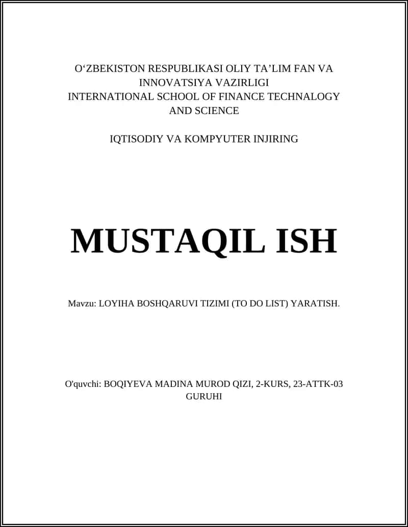 LOYIHA BOSHQARUVI TIZIMI (TO DO LIST) YARATISH 1