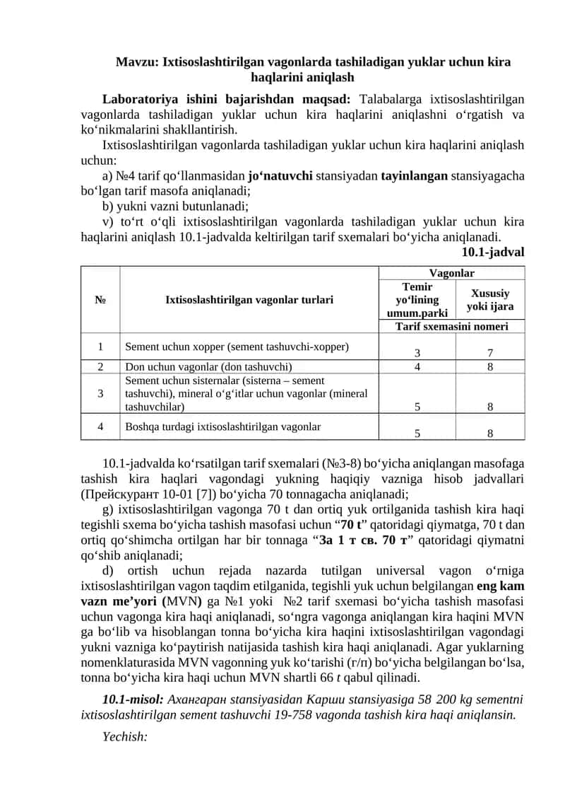 Ixtisoslashtirilgan vagonlarda tashiladigan yuklar uchun kira haqlarini aniqlash 1