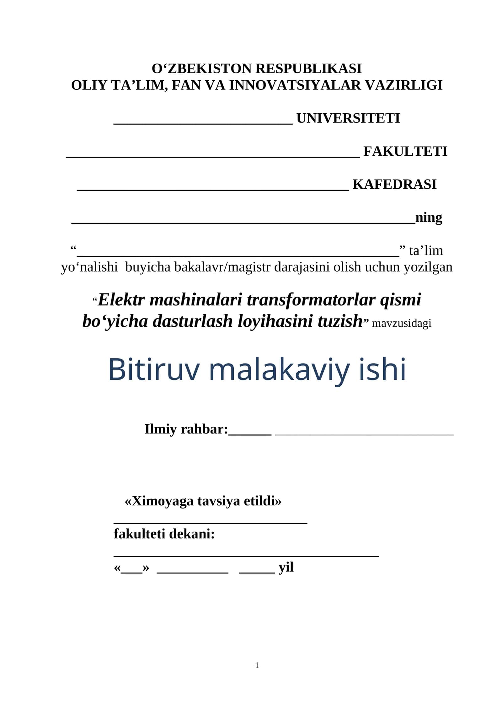 Elеktr mashinalari transformatorlar qismi bo‘yicha dasturlash loyihasini tuzish 1