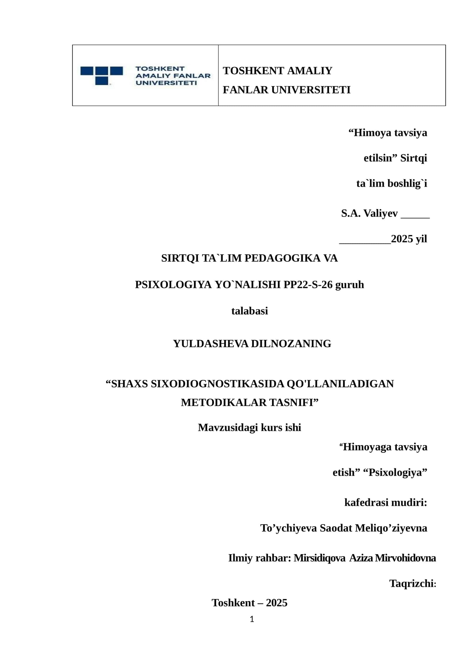 SHAXS SIXODIOGNOSTIKASIDA QO'LLANILADIGAN METODIKALAR TASNIFI 1