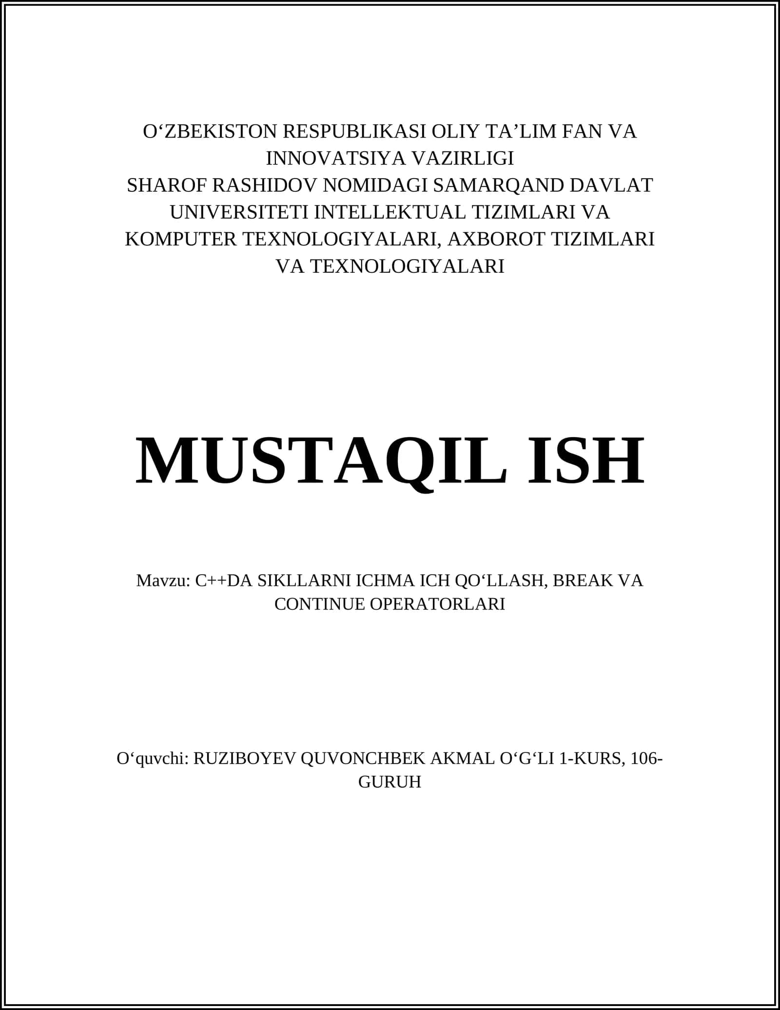 C++DA SIKLLARNI ICHMA ICH QO‘LLASH, BREAK VA CONTINUE OPERATORLARI 1