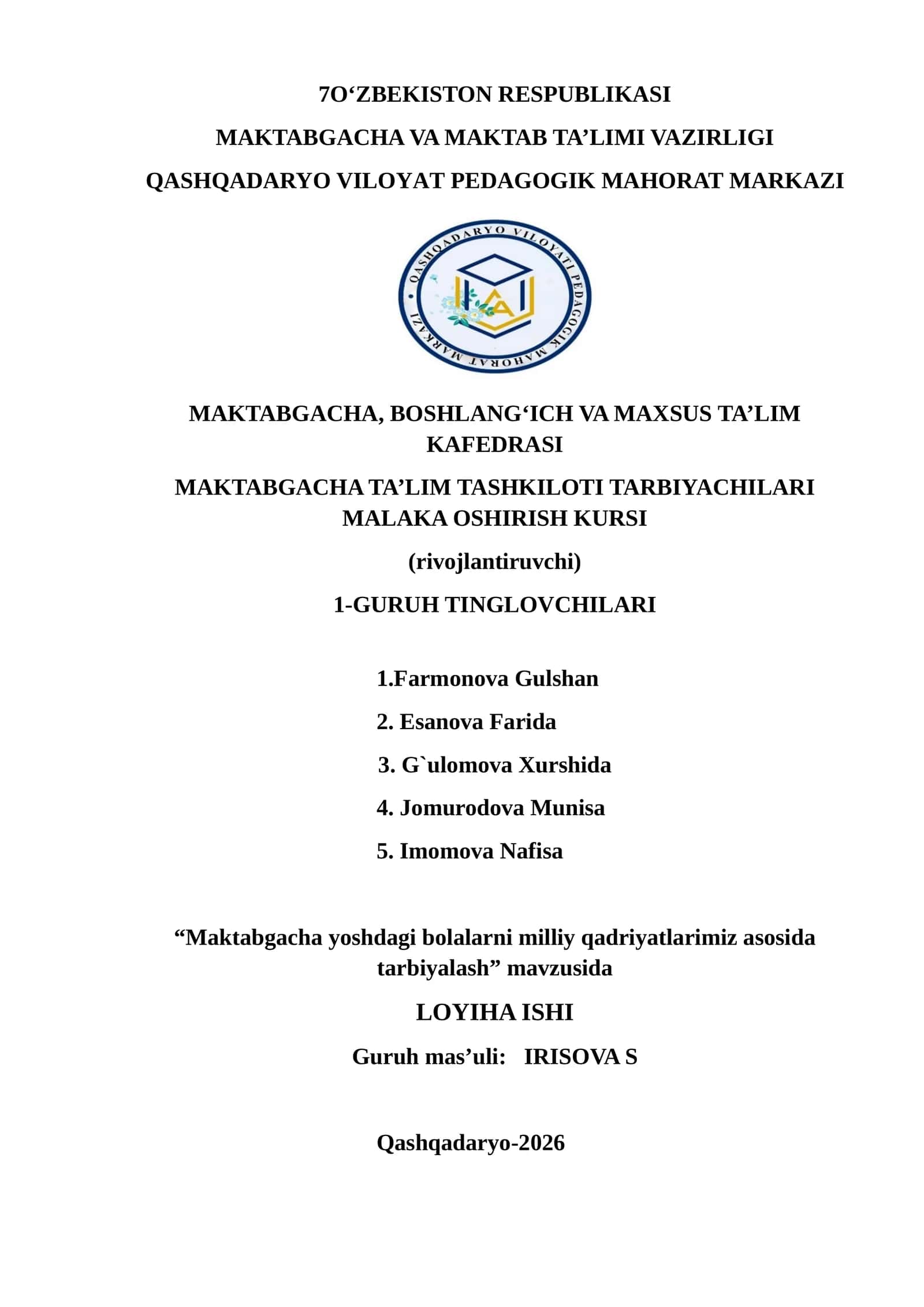Maktabgacha yoshdagi bolalarni milliy qadriyatlarimiz asosida tarbiyalash 1