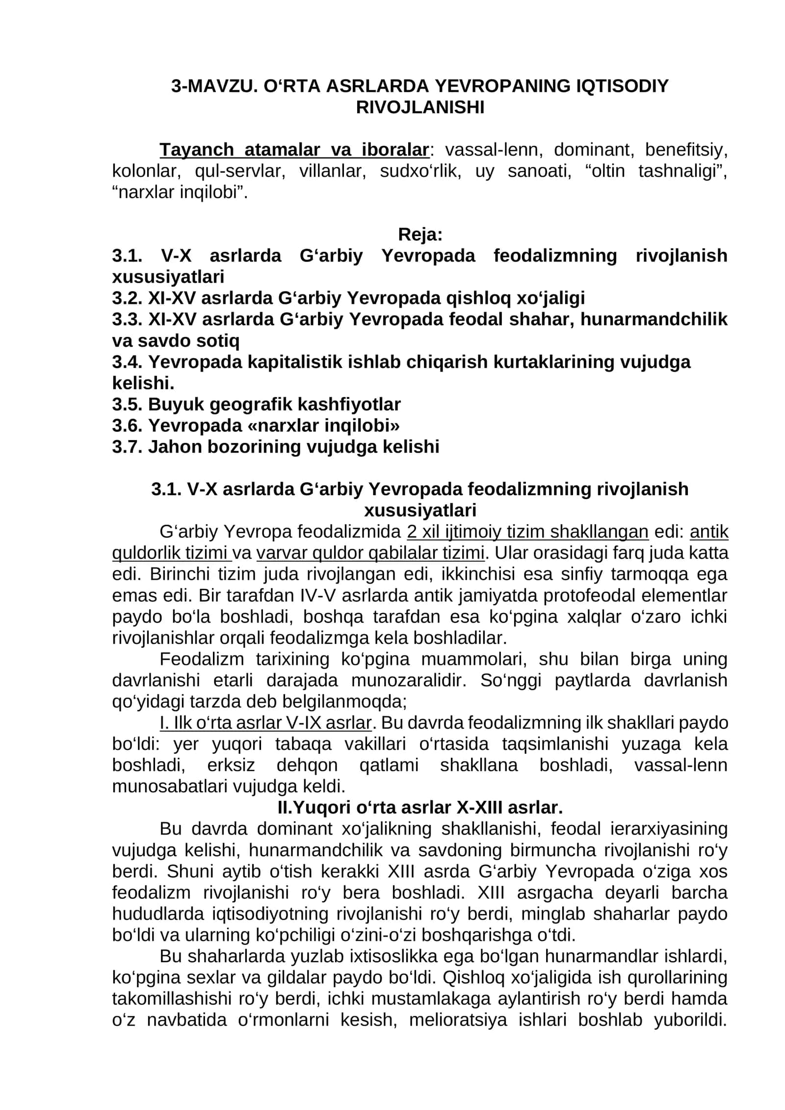 O‘RTA ASRLARDA YEVROPANING IQTISODIY RIVOJLANISHI 1