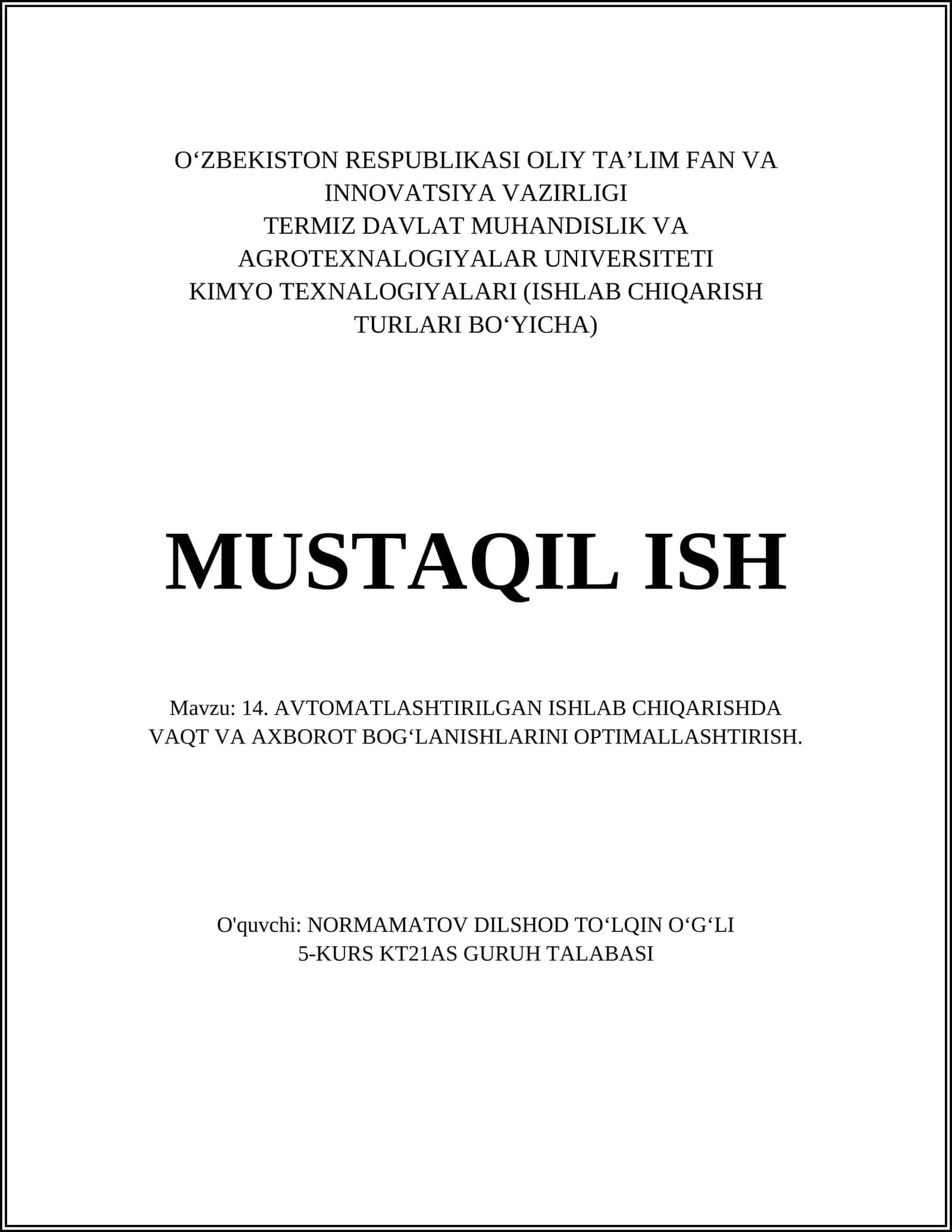 14. AVTOMATLASHTIRILGAN ISHLAB CHIQARISHDA VAQT VA AXBOROT BOGʻLANISHLARINI OPTIMALLASHTIRISH 1