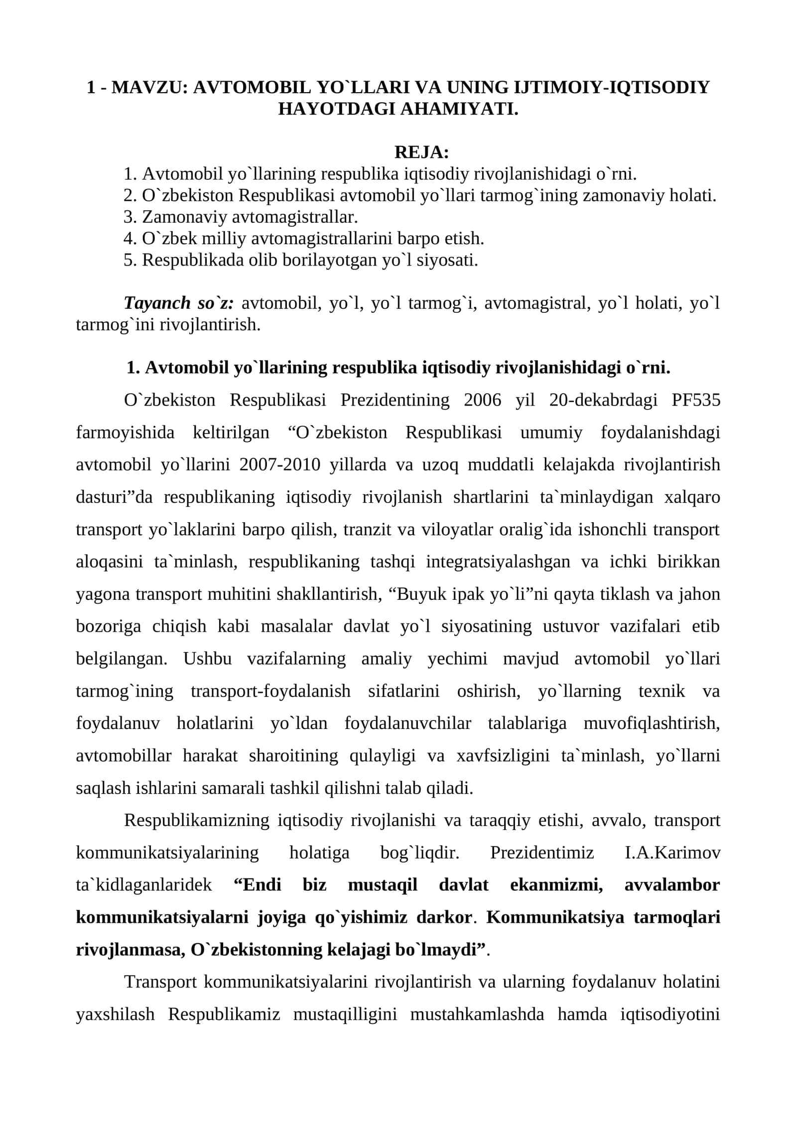 AVTOMOBIL YO`LLARI VA UNING IJTIMOIY-IQTISODIY HAYOTDAGI AHAMIYATI 1