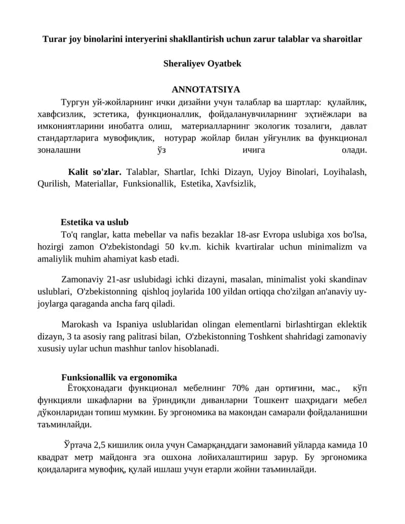 Turar joy binolarini interyerini shakllantirish uchun zarur talablar va sharoitlar 1