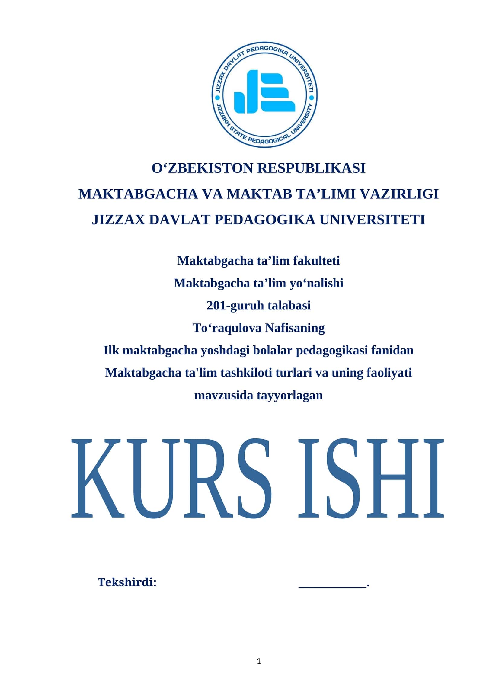 Maktabgacha ta'lim tashkiloti turlari va uning faoliyati mavzusida 1