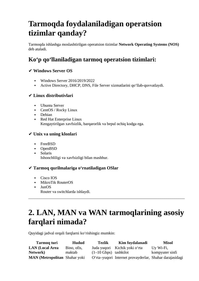 Operatsion Tizimlar Network Operating Systems (NOS) 1