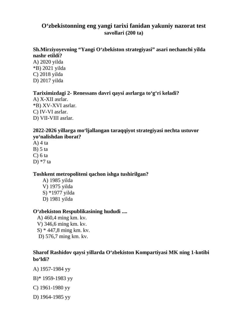 O‘zbekistonning eng yangi tarixi fanidan yakuniy nazorat test savollari (200 ta) 1