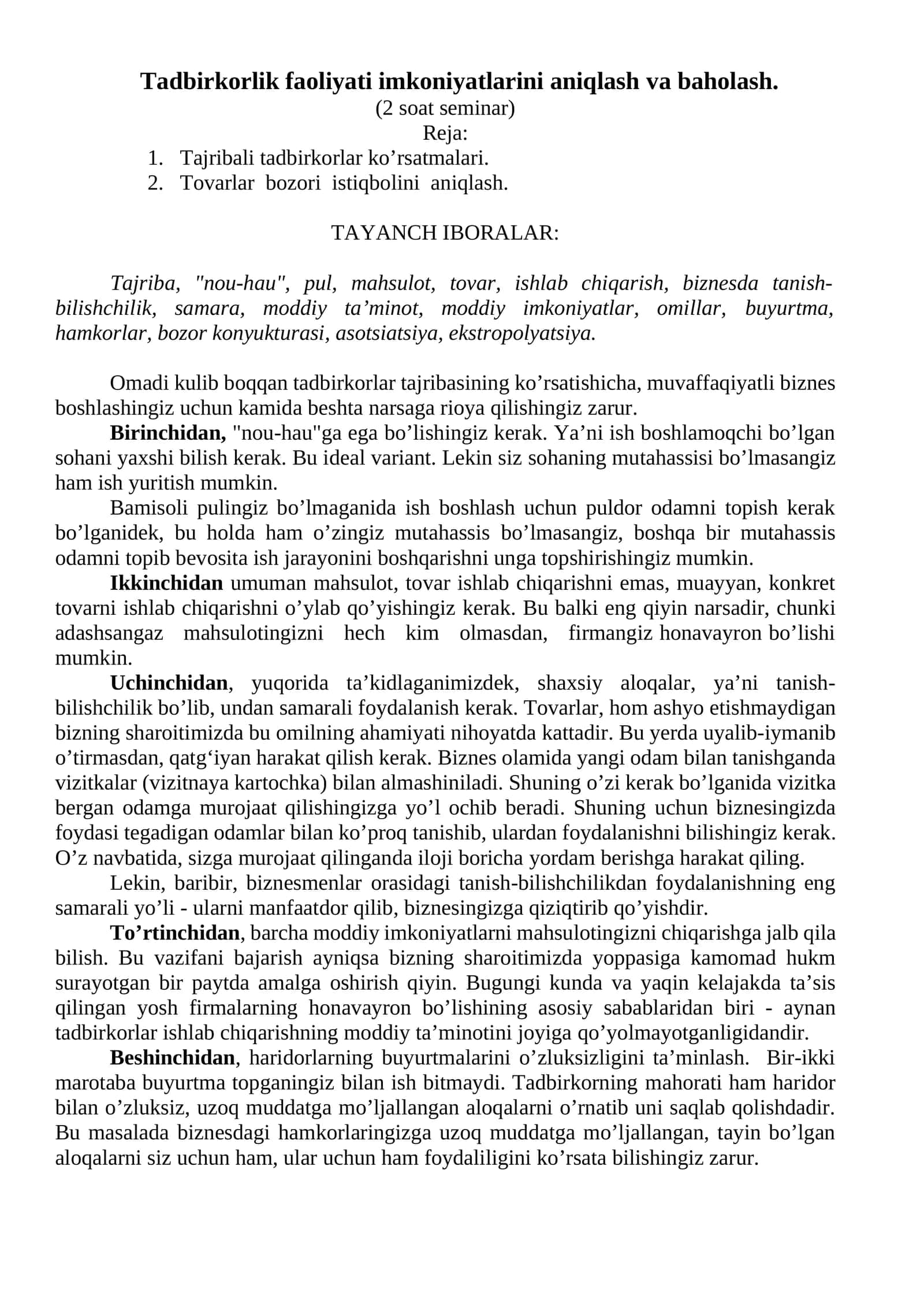 Tadbirkоrlik faоliyati imkоniyatlarini aniqlash va bahоlash 1