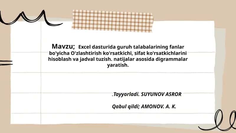 Excel dasturida guruh talabalarining fanlar bo'yicha O'zlashtirish ko'rsatkichi, sifat ko'rsatkichlarini hisoblash va jadval tuzish. 1
