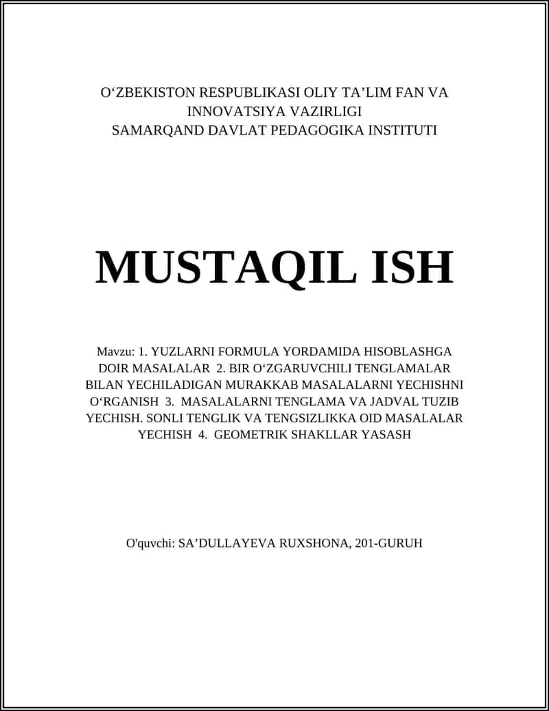 Toʻrtburchak va kvadrat yuzlarini formula orqali hisoblash masallari 1