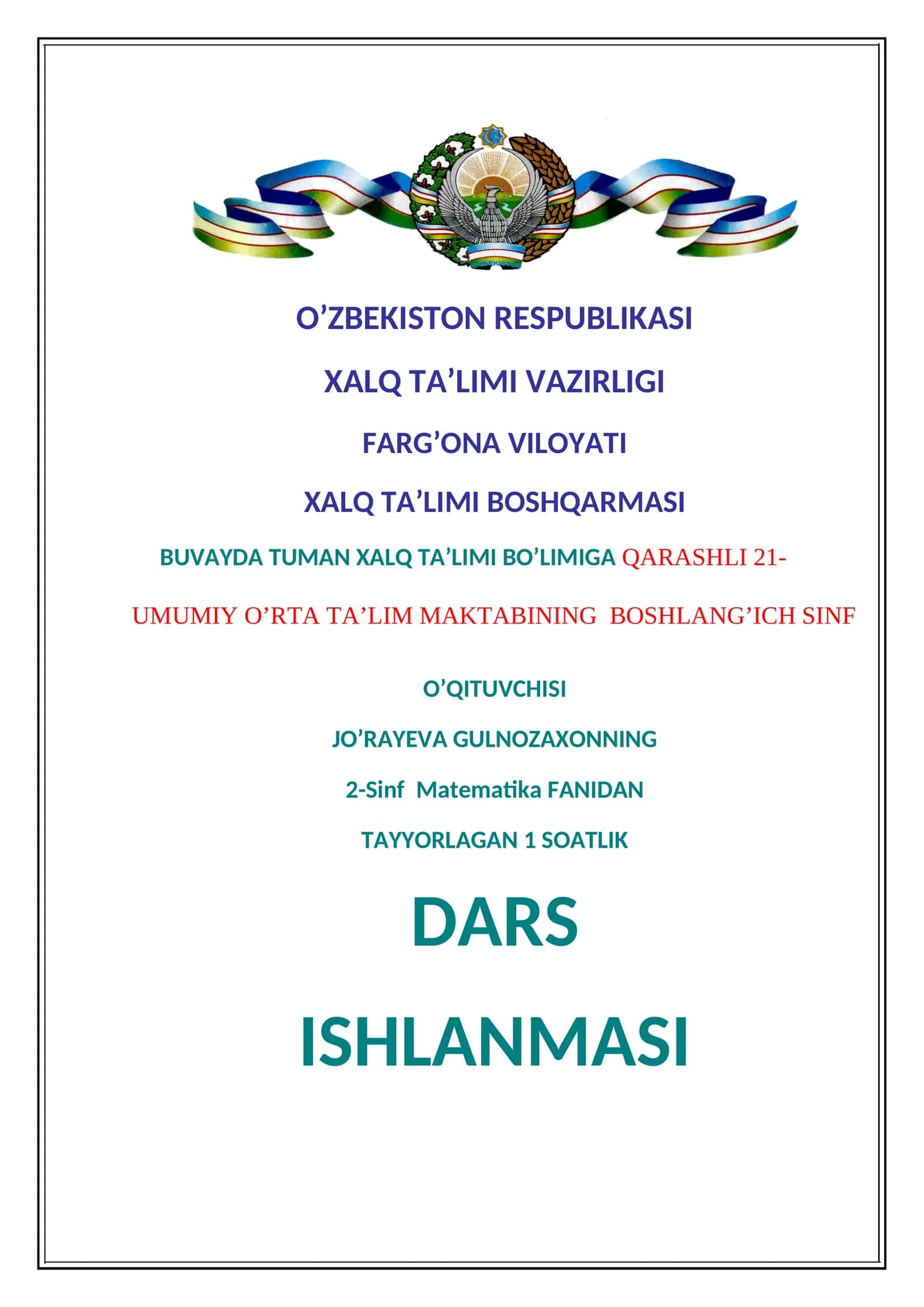 2-Sinf Matematika FANIDAN TAYYORLAGAN 1 SOATLIK DARS ISHLANMASI 1