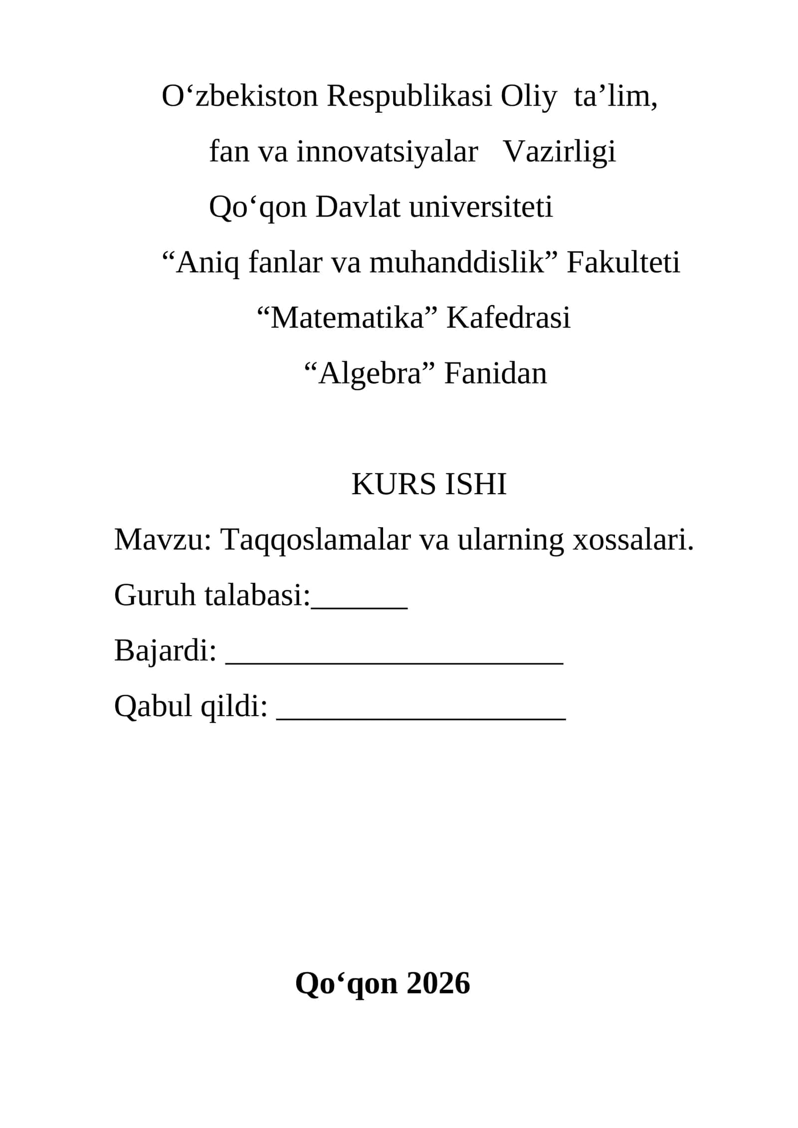 Taqqoslamalar va ularning xossalari kurs ishi 1
