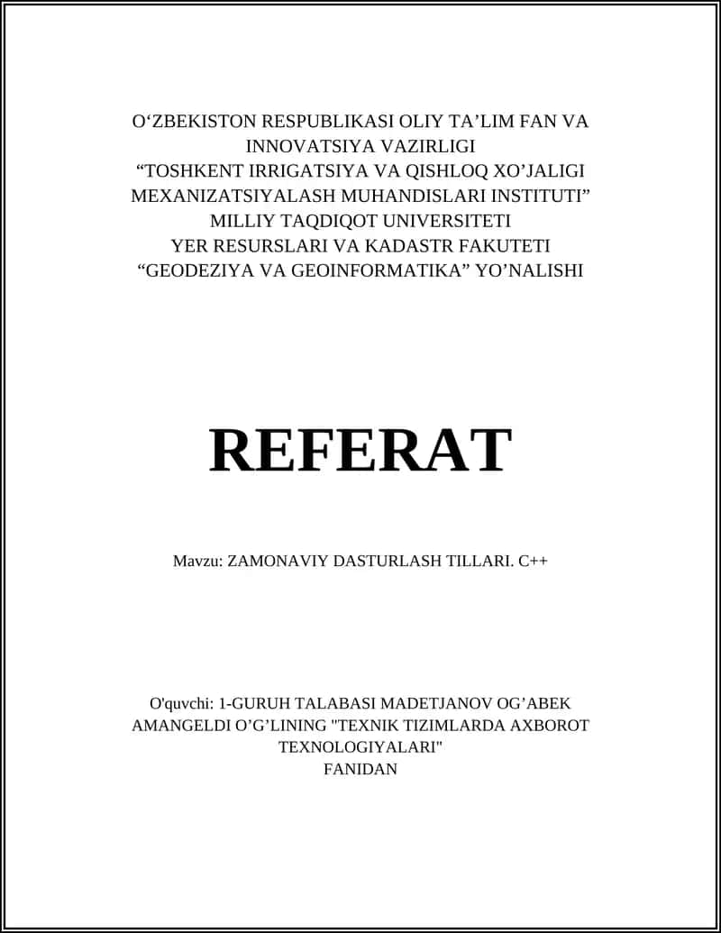 ZAMONAVIY DASTURLASH TILLARI. C++ 1