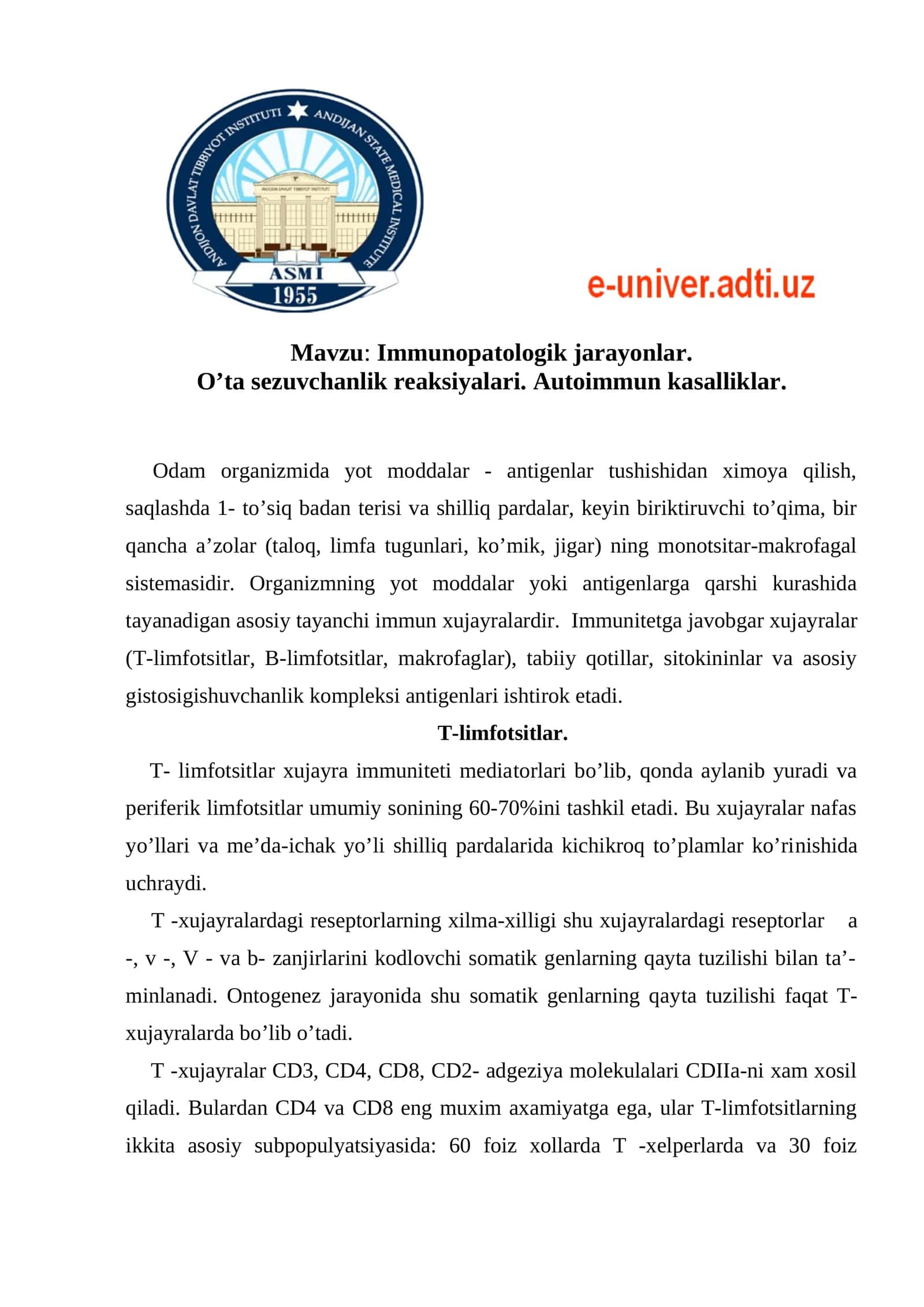 Immunоpatologik jarayonlar. O’ta sezuvchanlik reaksiyalari. Autoimmun kasalliklar 1