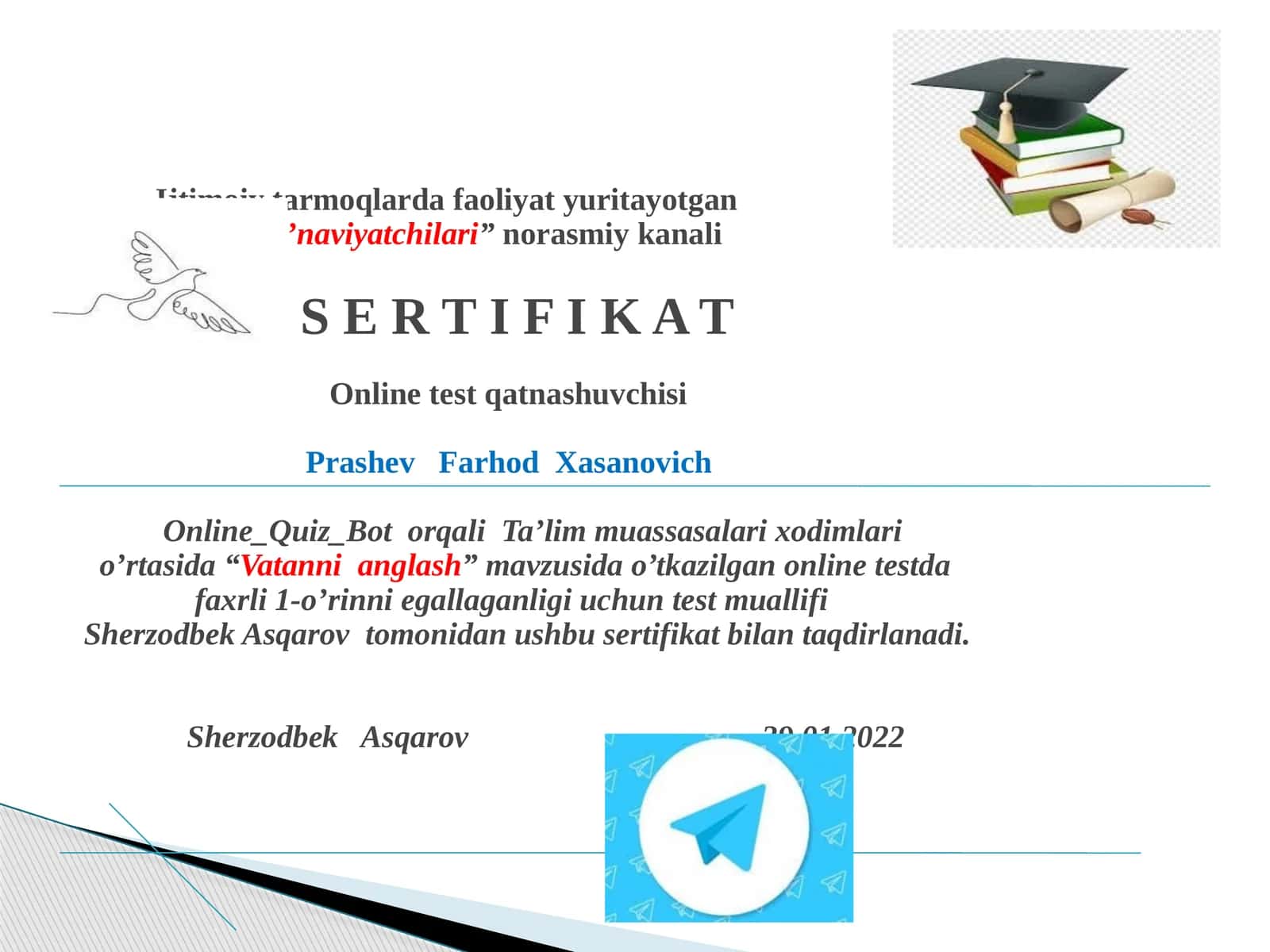 "Vatanni anglash" mavzusida o'tkazilgan onlayn test 1