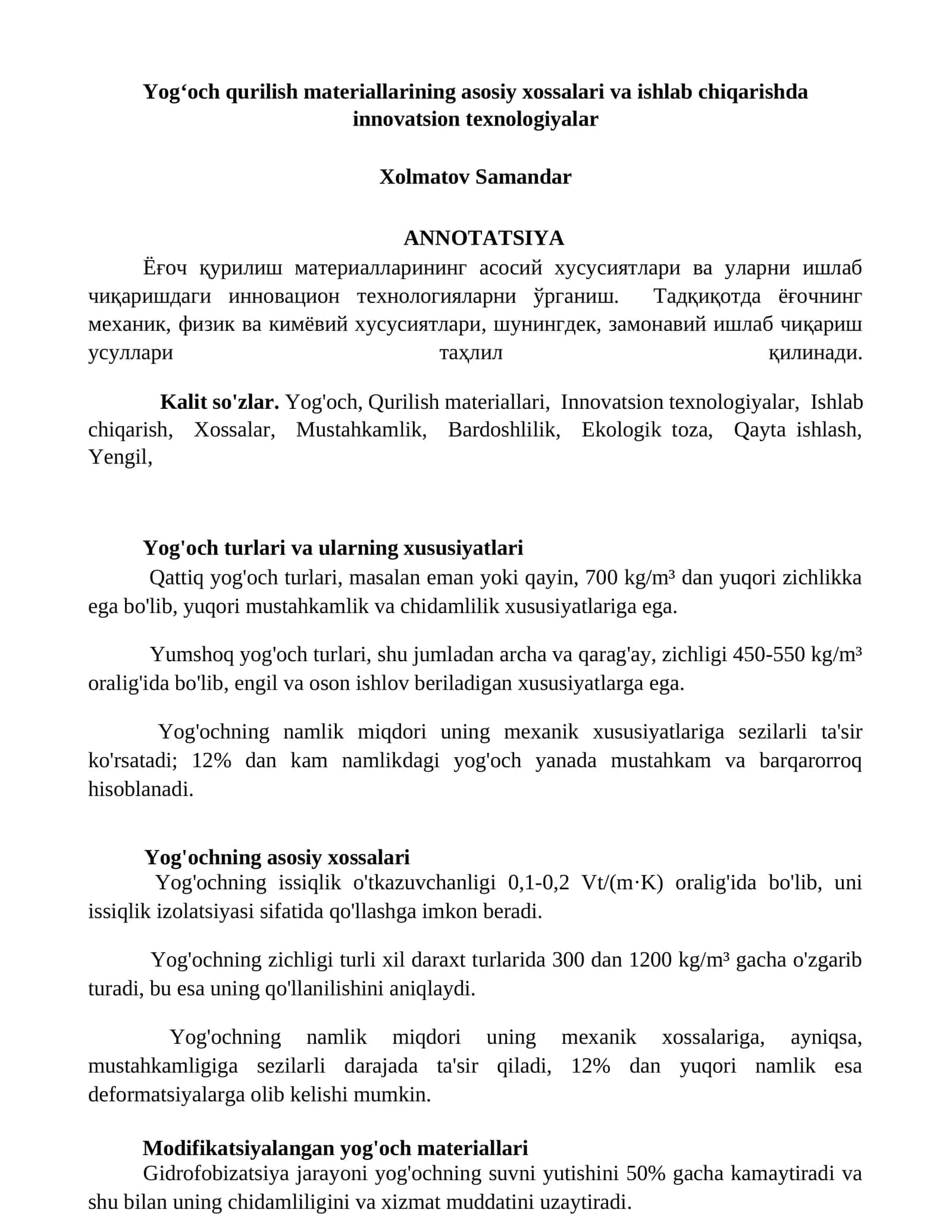 Yogʻoch qurilish materiallarining asosiy xossalari va ishlab chiqarishda innovatsion texnologiyalar 1