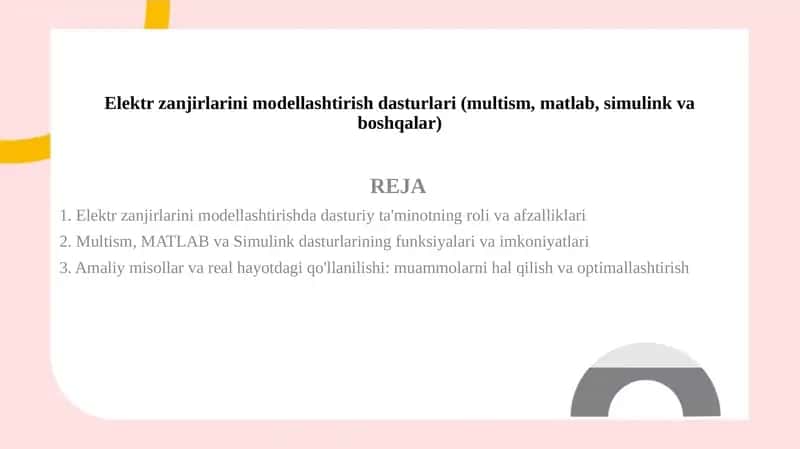 Elektr zanjirlarini modellashtirish dasturlari (multism, matlab, simulink va boshqalar) 1